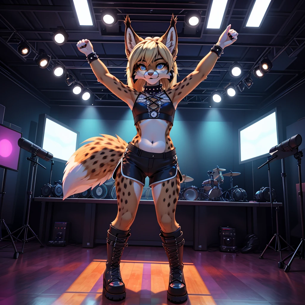 A beautiful, (masterpiece), high quality, perfect lighting, highly detailed CG Unity 8k wallpaper, high resolution, perfect lighting, youthful, adolescent, slim, skinny, frail slender figure, distinctly feminine figure, narrow hips, close-up shot, detailed face, youthful, tall, slim, anthropomorphic lynx woman, expressive facial emotion, distinctly feminine figure, thick, fuzzy, fluffy, volumetric tawny and black-spotted fur, long legs, executing perfect snap kick, wearing form-fitting martial arts outfit, luminous energy gauntlets, high-tech boots, cinematic high fidelity 3D CAD model style, futuristic dojo, energy barriers, feeling of power and discipline