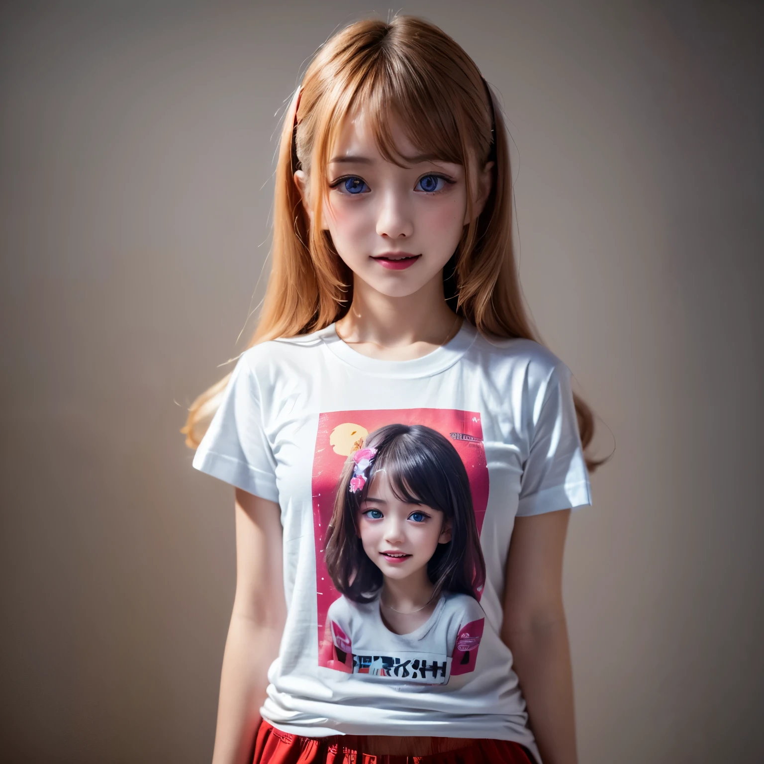 Bright Red in White, (Masterpiece 8K TopQuality:1.2) (ProfessionalPhoto:1.37) PUNIPUNI ExtremelyDetailed (((KAWAII girls in Super Bitch T-shirt:1.4)))