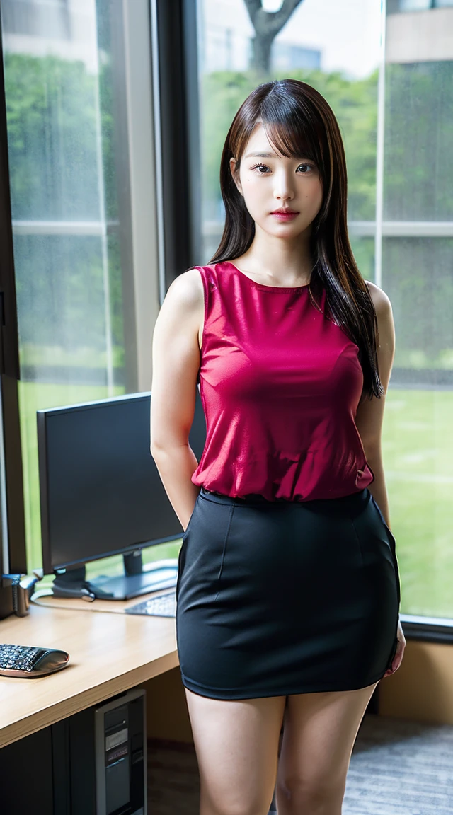 (masutepiece,High quality:1.3),(depth of fields:1.3) ,((front body:1.35)), Japanese ,woman, no makeup,standard height, thicc, curvy,(Looking at Viewer:1.3),(full body:1.2),Inside the office by the window