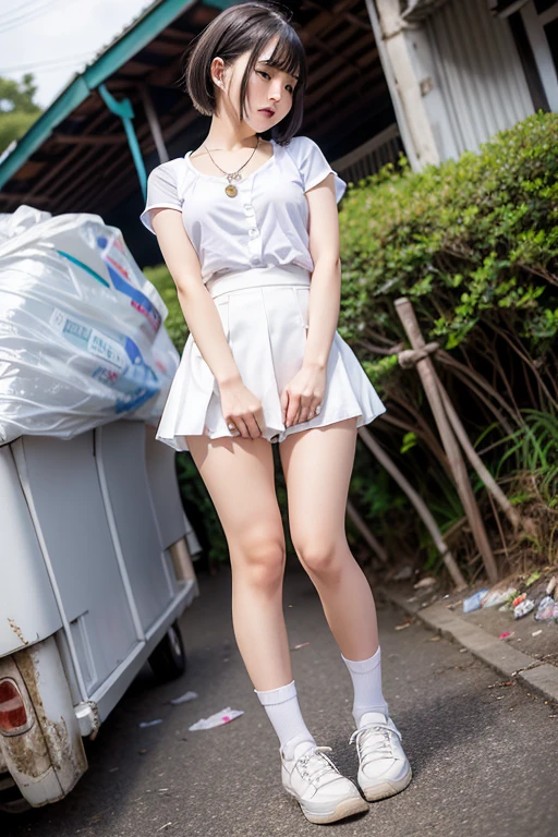 (impatience shame:1.3),School girl White uniform,show teeth,masterpiece, Highest quality, High resolution, remu Suzumori,short hair,Earrings,necklace, jewelry,fullbody,,Detailed face,(slum,in the afternoon garbage dump:1.3) ,(Looking away),skneakers,(skirt tug),legs crossed,