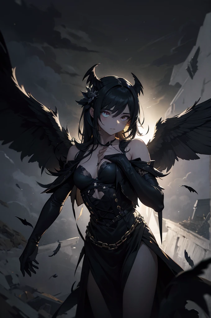 A fallen angel in Renaissance style, your wings are black and torn feathers, faded and corroded costumes. He bends between dark and stormy clouds, rays of celestial light distorted into menacing shadows. Your face hidden by deep shadows, emanating mystery and malice. Chiaroscuro intensifies the contrast between dying light and oppressive shadows, creating corrupted mysticism and inevitable fall.