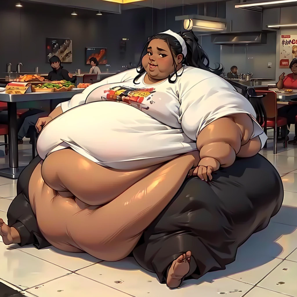 (Masterpiece, detailed, realistic:1.2), young black woman, (morbidly obese, fatblob, immobile:1.4), (detailed, beautiful face), fast food worker, pleased, satisfied