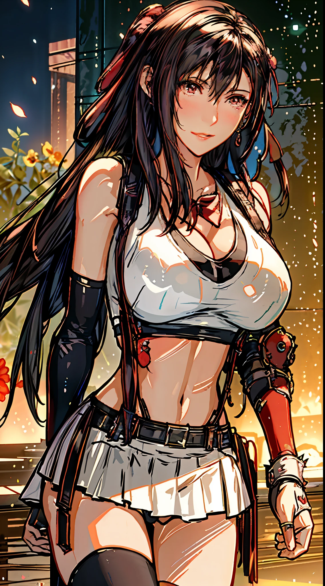 (8k、highest quality、MASTERPIECE:1.2)、(photorealistic:1.3)、Super Detailed、girl 1 person、mature、solo、(Tifa Lockheart)、(big chest)、(((huge lift clothes to show bra)))、(((black bra)))、(beautiful eyes)、(smiling:1.2)、(Closed)、erotic pose、dance、neons、street scenery、Depth Of Field、Dark and strong shadows、Sharp focus、auto、motion blur、bike、Depth Of Field、composition、Glowing green light、Final Fantasy VII, (nose blush)、Single Elbow Pad、Ankle Boots、dark black hair、toned thighs、red boots、Elbow Gloves、Elbow pads、Fingerless Gloves、Taut Shirt、sports bra、(suspenders), (Black Skirt)、thights、white tank top、All over body、head rest、Lips、Facial、Low Tai Long Hair、(red_Ojo)、Yellow flowers、(night:1.3)、Complex、Bokeh、Cinematic Lighting、Photon mapping、Radiosity、physically based rendering、(Tetsuya Nomura Style)、NSFW、Perfect Breasts