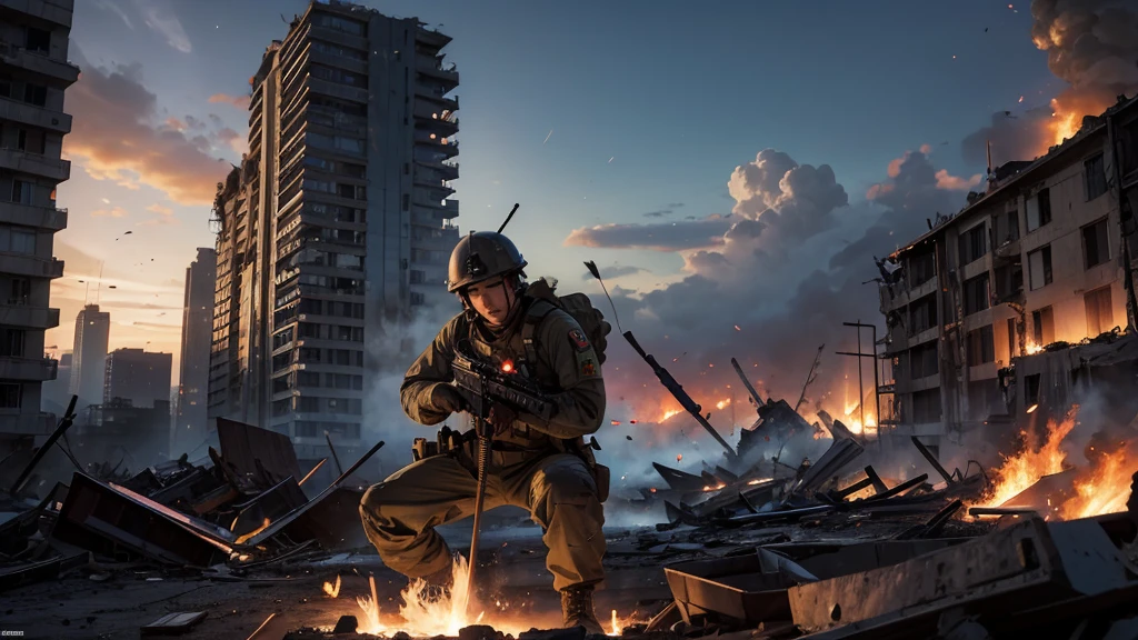 military with high resolution with a war background and smoke that exalts its strength and intimacy, Tactical equipment, tactical armor, special forces, fotografia, vista lateral, Abandoned building, red flame smoke, fogo, bullet tracers, ballistic mask