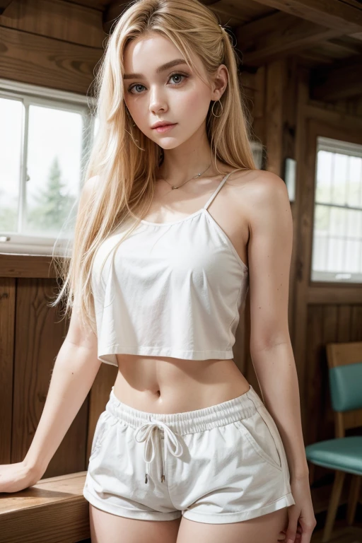 Blonde female character with long hair、Appearance similar to Nanase Nishino、slightly lower nose、thin lipss、Wearing a pure white tank top and long skirt、Skin exposure is modest、Draw beautifully in every detail。