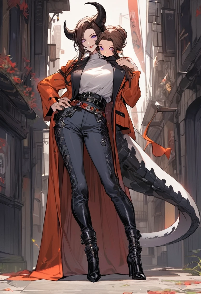 Tall woman, cheeky smile, brunette, hair gathered in a low bun, strands on the sides of face, red and black open clothes, purple eyes, dragon tail and horns, belts, pants, light lipstick, high heels leather boots