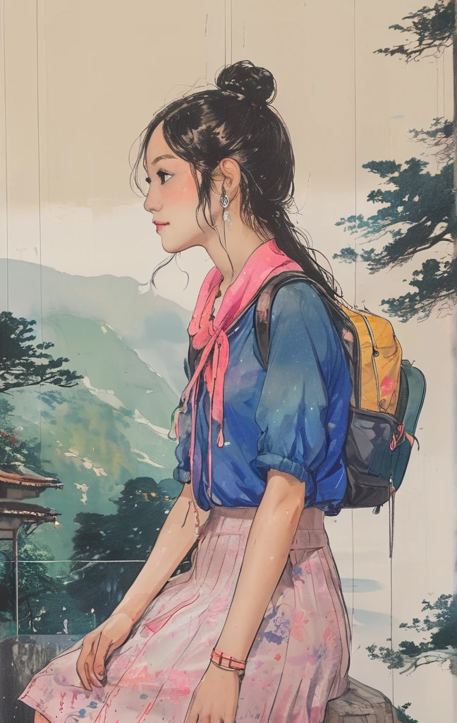 Singin' in the Rain、8K,masterpiece,Highest quality, (From below:1.6) ,Dynamic pose,30 years old, 1 girl, Have a big bouquet,Portraiture, Floral, Watercolor sketch, Light, Long Hair, smile, Watercolor \(Moderate\),Watercolor,Plain Tank Top,Plain Light blue sweater,Long skirt、Transparent cartoon girl sketch drawn with neon purple pink lines, Sitting at the bus stop, Rural landscape, Summer day, A fusion of 3D photography and 2D line drawings, Nostalgic atmosphere.