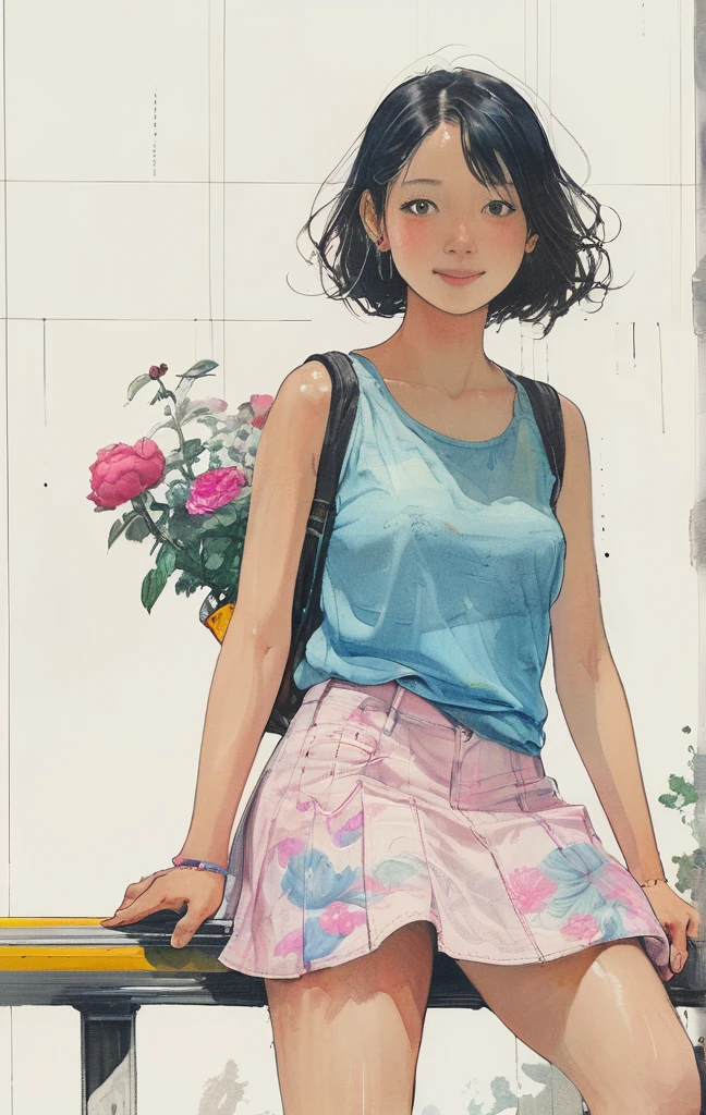 Singin' in the Rain、8K,masterpiece,Highest quality, (From below:1.6) ,Dynamic pose,30 years old, 1 Girl, holding a big bouquet,Portraiture, florals, watercolor sketch, Light, Long Hair, smile, watercolor \(Moderate\),watercolor,Plain Tank Top,Plain Light blue sweater,Long skirt、Transparent cartoon girl sketch drawn with neon purple pink lines, Sitting at the bus stop, Rural Scenery, Summer day, Light blue ruffled swimsuit