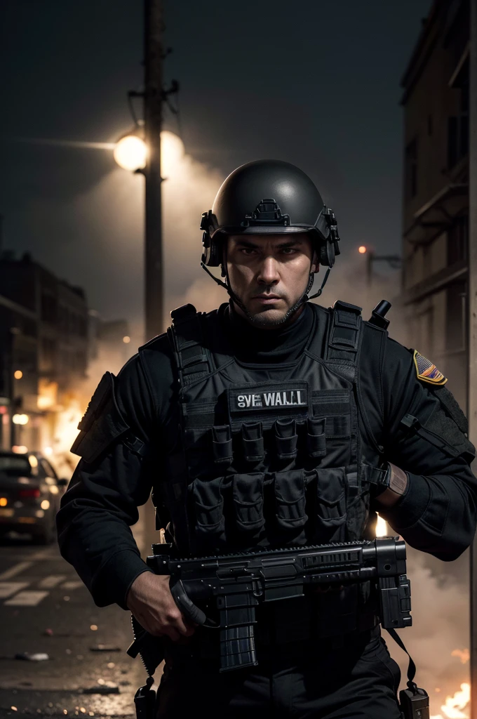 A heavily armed SWAT team member, detailed military gear, assault rifle, tactical vest, dramatic explosion in the background, cinematic lighting, gritty urban setting, high-intensity action, photorealistic, hyper detailed, cinematic composition, 4k, realistic, dark color tones