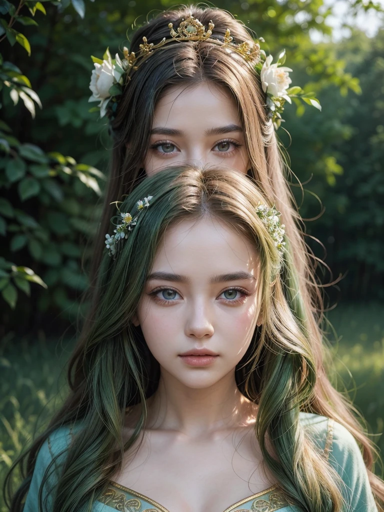 a girl. face sent feeling. Europe. Oval face. long face. delicate facial features. seductively seductive. Beautifully detailed eyes. green eyes. long straight hair. side braid. green hair. wreath on head. big breasts. big awl. sad. shy. green silk nightgown. shy sitting posture. straight face. outdoor
