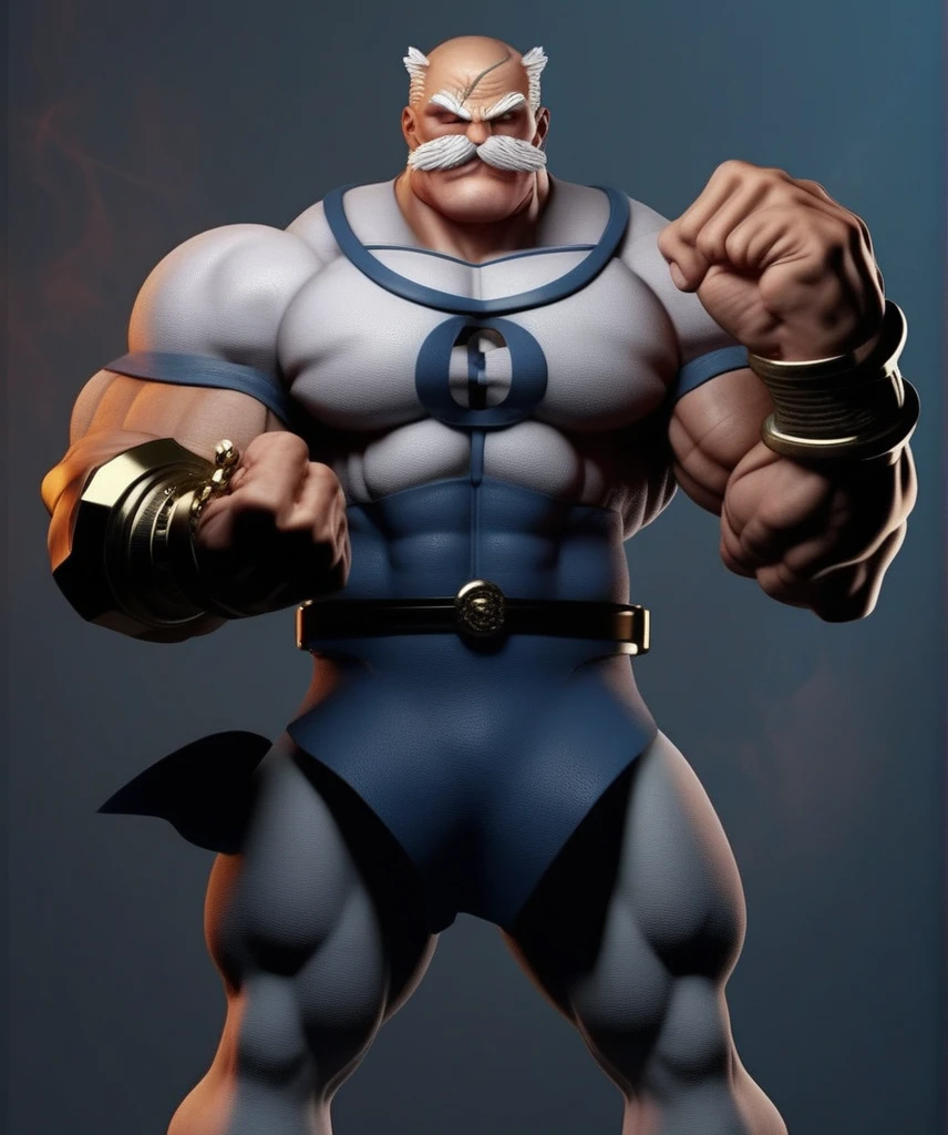 Sailor Popeye faithful to the work, lifting a dumbbell like a bodybuilding athlete, highlighting his chin and forearm, his muscles well defined, symmetrical, not exaggerated, harmonic, classic look of a sailor with a pipe. It must have a powerful, determined expression of strength. The background of the image with elements of the work such as spinach, a pipe and a gym, such as weights, dumbbells, training equipment. With an intense atmosphere. "Badass" essence