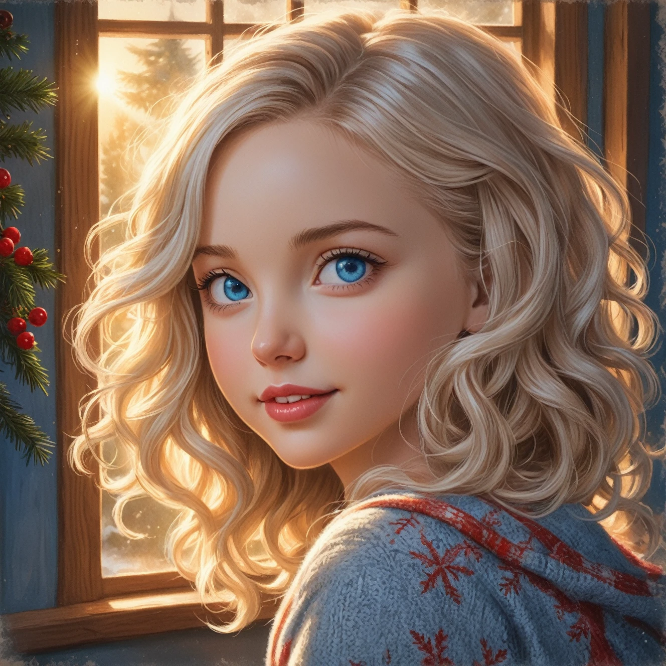 1 cute lithuanian lady, pleased, iced sparkling azure eyes, silk skin texture, skin grain, curly hair , christmas morning, cozy, warm lightThe artwork should be rendered in the style of "Breath of the Wild," featuring warm lighting and shadows. Include graphite shading, stencil marks, and airbrushed acrylic paint effects. The image should be of the highest quality, a masterpiece with intricate details. She should have luscious lips, a wide smile, and bright, expressive eyes, exuding beauty, cuteness, and adorableness. Ensure the image is high resolution and sharply detailed, with a detailed and vibrant background. incorporate mystical lighting in the background, creating a romantic and enchanting atmosphere.