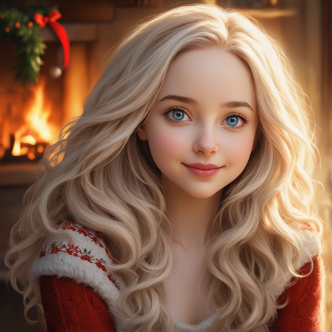 1 beautiful lithuanian lady, pleased, iced sparkling azure eyes, silk skin texture, skin grain, curly hair , christmas morning, cozy, warm lightThe artwork should be rendered in the style of "Breath of the Wild," featuring warm lighting and shadows. Include graphite shading, stencil marks, and airbrushed acrylic paint effects. The image should be of the highest quality, a masterpiece with intricate details. She should have luscious lips, a wide smile, and bright, expressive eyes, exuding beauty, cuteness, and adorableness. Ensure the image is high resolution and sharply detailed, with a detailed and vibrant background. incorporate mystical lighting in the background, creating a romantic and enchanting atmosphere. Scartlett Johanson, Alison Brie, Dove Cameron.