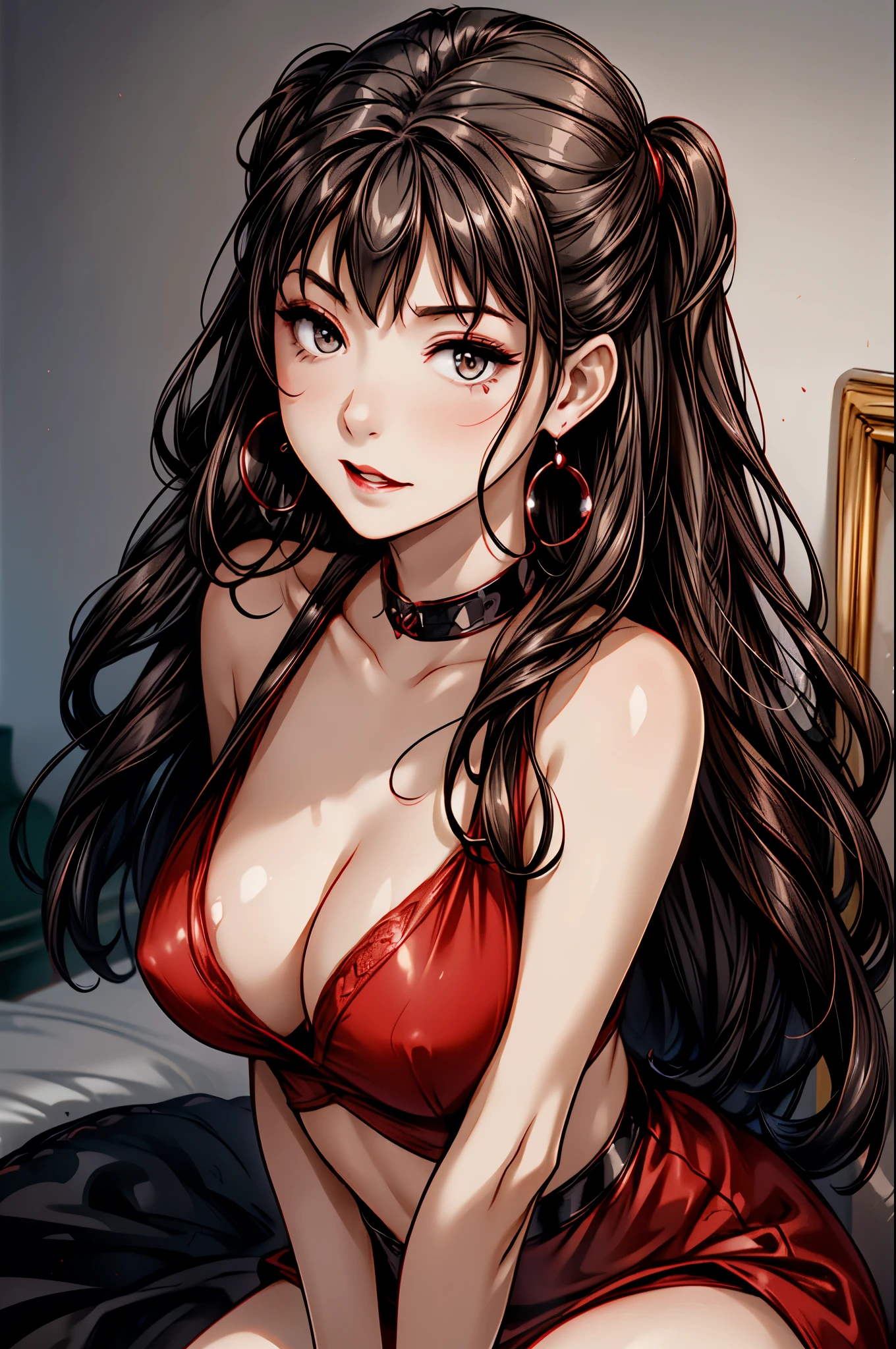 (8K HDR photorealistic pic), Betty Boop, short, althetic, curvy lady, ((tight little red dress)), dark eyebrows, black lipstick, (hoop earrings), dark eyeshadow, black lipstick, curvy, busty, (curly short black hair), shortstack, (retroussé breasts), darling figure, (supple pouting breasts), firm thighs, hourglass figure, kerchief, big brown eyes, dancing seductively
