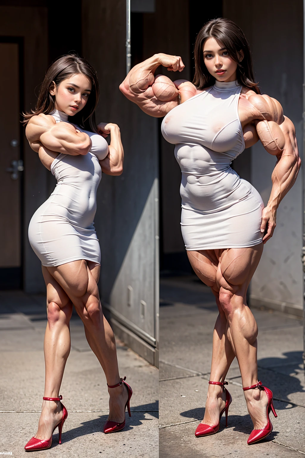 (Muscular:1.7), (large round breasts:1.4), (large muscular chest and shoulders:1.1), (tween girl:2.1), FEMALE, brown hair, long brown hair, (big smile:1), (wearing a tight body dress and high heels:1.5), looking at viewer, (three quarter view:1.2), upper body view, (formal event:1.6), dark lighting, detailed skin, detailed eyes, (clean skin:1.5), (tiny waist:1.5), exaggerated hourglass physique, (huge body muscles:1.7), (one protagonist:1.5), (shy:1.5),