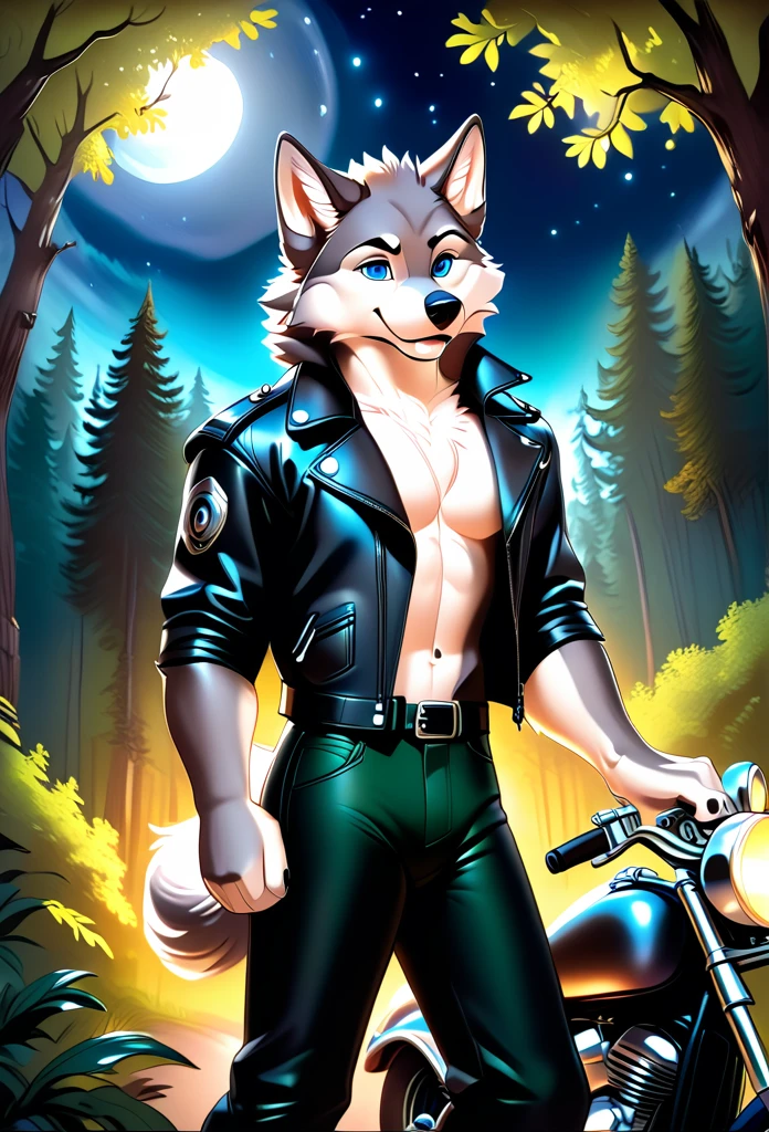 detailed illustration, dynamic angle, ultra-detailed, illustration, 1boy, leather jacked, wolf, silver wolfkin, blue eyes, standing in woods, disney style, happy, cartoon, leaning on a motorcycle, night