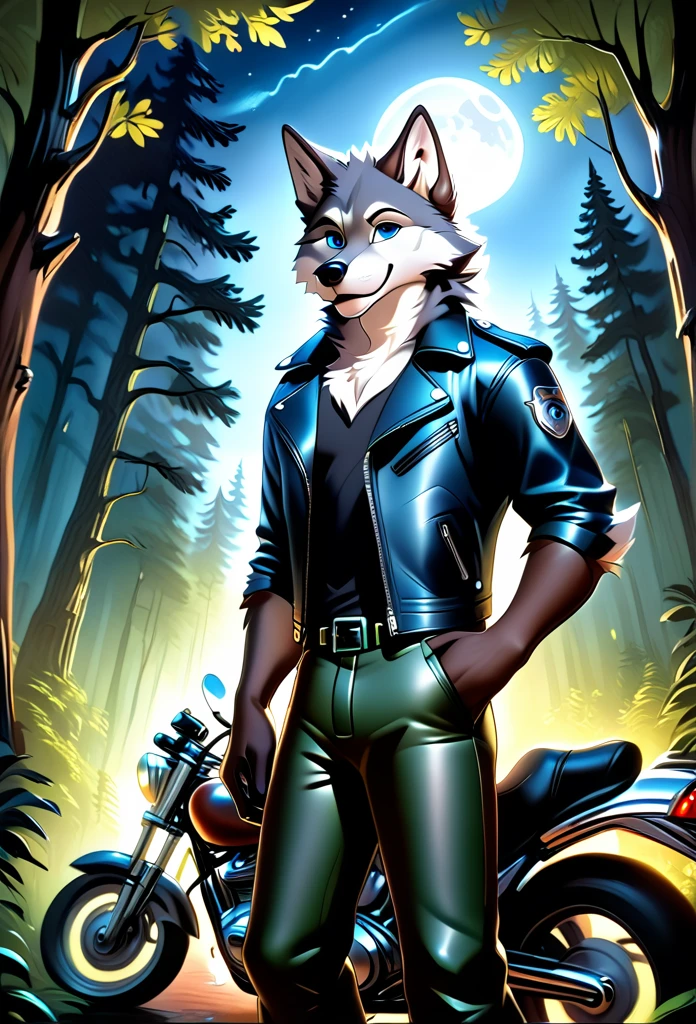 detailed illustration, dynamic angle, ultra-detailed, illustration, 1boy, leather jacked, wolf, silver wolfkin, blue eyes, standing in woods, disney style, happy, cartoon, leaning on a motorcycle, night