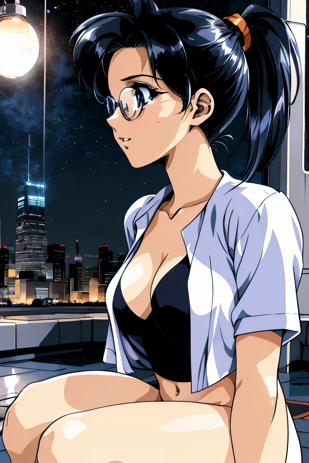 ((best quality)), ((masterpiece)), (detailed), 1girl, sexyhighest quality, masterpiece, Very detailed, Detailed Background, anime, One girl, Young girl, Sexy Girls, Black hair ponytail girl,Girl with headphones　広がるnight景
 屋外, night, Starry Sky, 新宿のnight景を高層ビルから見下ろす,  Wind景, scenery, horizon, rooftop, sitting on rooftop, Wind, avert your eyes, Atmospheric lighting, Focus Only, close, From the side, Depth of written boundary, Bokeh　1990年代anime　１９８０年代anime　１９８０Period Fashion　
City Pop 　　Big glasses　Girl silhouette　（night景９0、figure１Percentage of 0）
Beautiful eyes　Clothes that reveal cleavage　Jacket　OLWind
