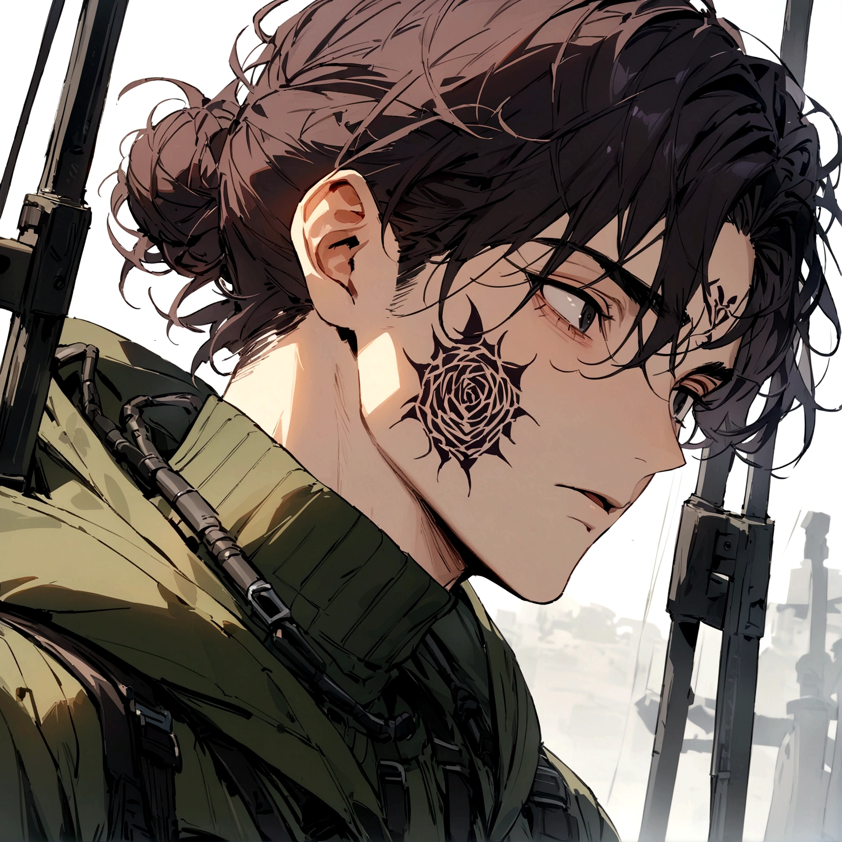 (masterpiece), best quality, expressive eyes, perfect face, Male, maroon messy hair-bun, black eyes, neck roses tattoo. handsome, waist up view, upper body view. Dark green parka, Webbing rig, Turtleneck combat shirt