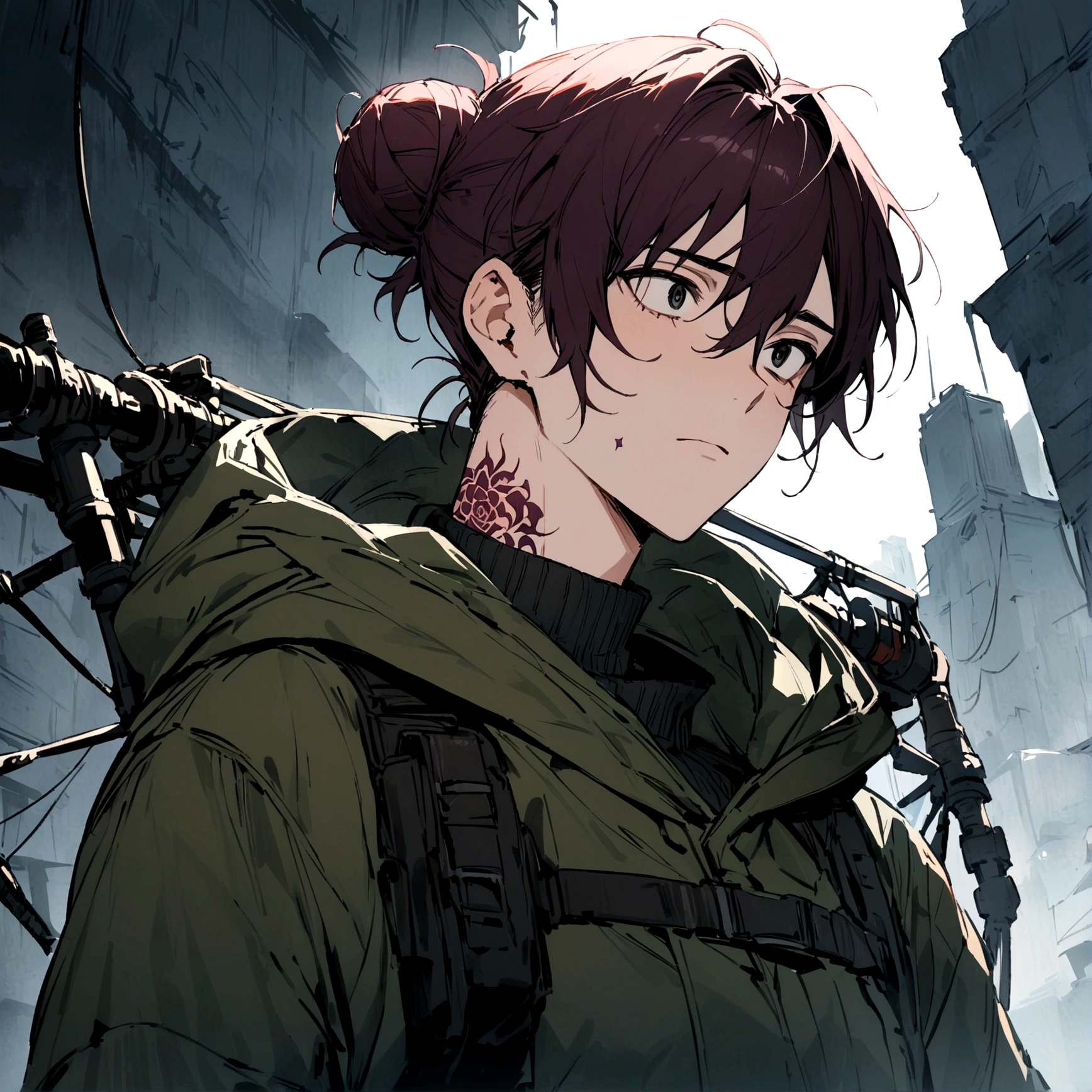 (masterpiece), best quality, expressive eyes, perfect face, Male, maroon messy hair-bun, black eyes, neck roses tattoo. handsome, waist up view, upper body view. Dark green parka, Webbing rig, Turtleneck combat shirt