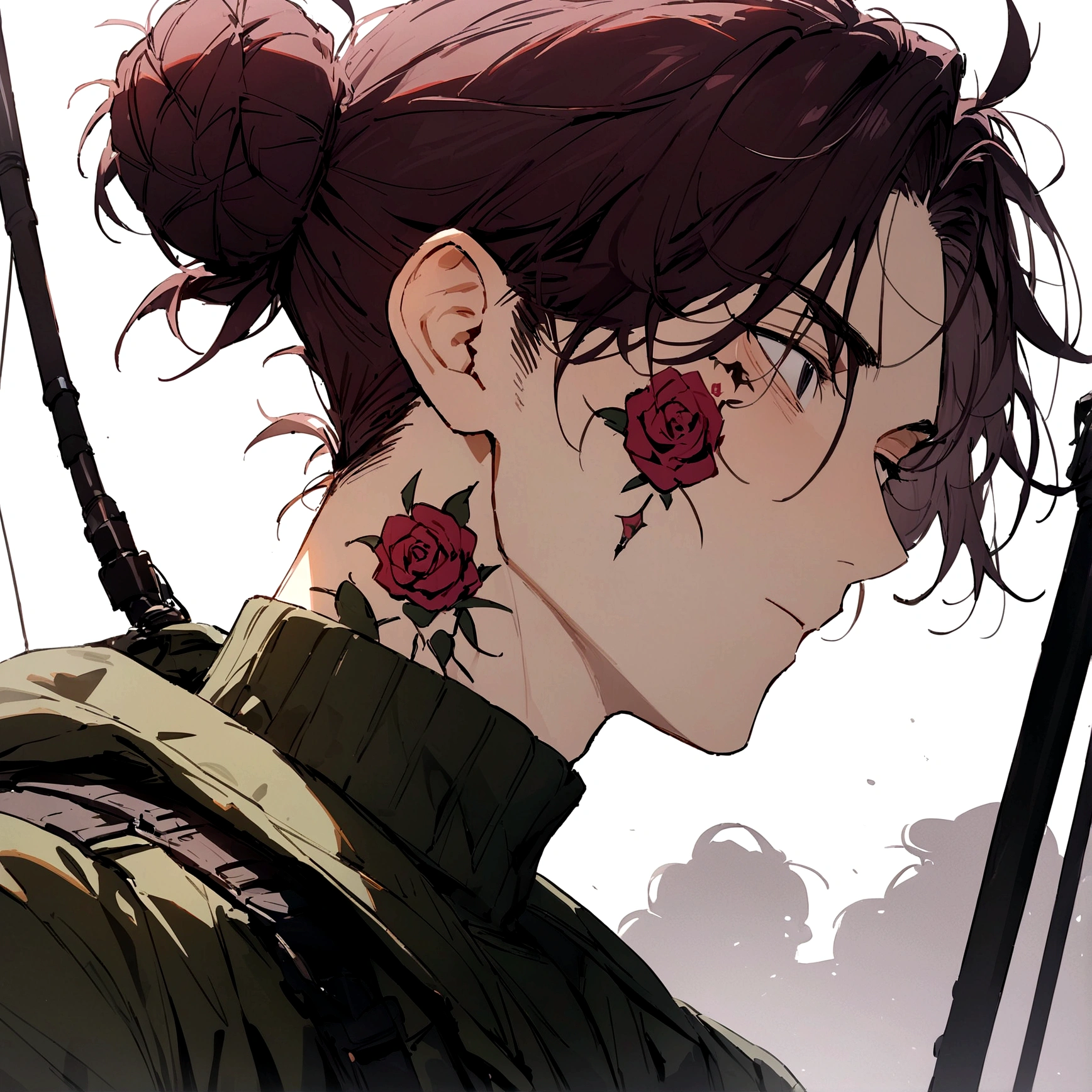 (masterpiece), best quality, expressive eyes, perfect face, Male, maroon messy hair-bun, black eyes, neck roses tattoo. handsome, waist up view, upper body view. Dark green parka, Webbing rig, Turtleneck combat shirt