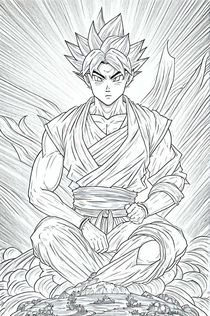 a drawing of a young Gohan sitting on a throne, Son Goku, portrait of Goku, Goku from dragon ball, goku from dragon ball z, highly detailed portrait of Goku, Goku portrait, Goku as an asian man, goku from dragonball z, by Akira Toriyama, Goku, black and white manga style, sitting on a stone throne, human goku