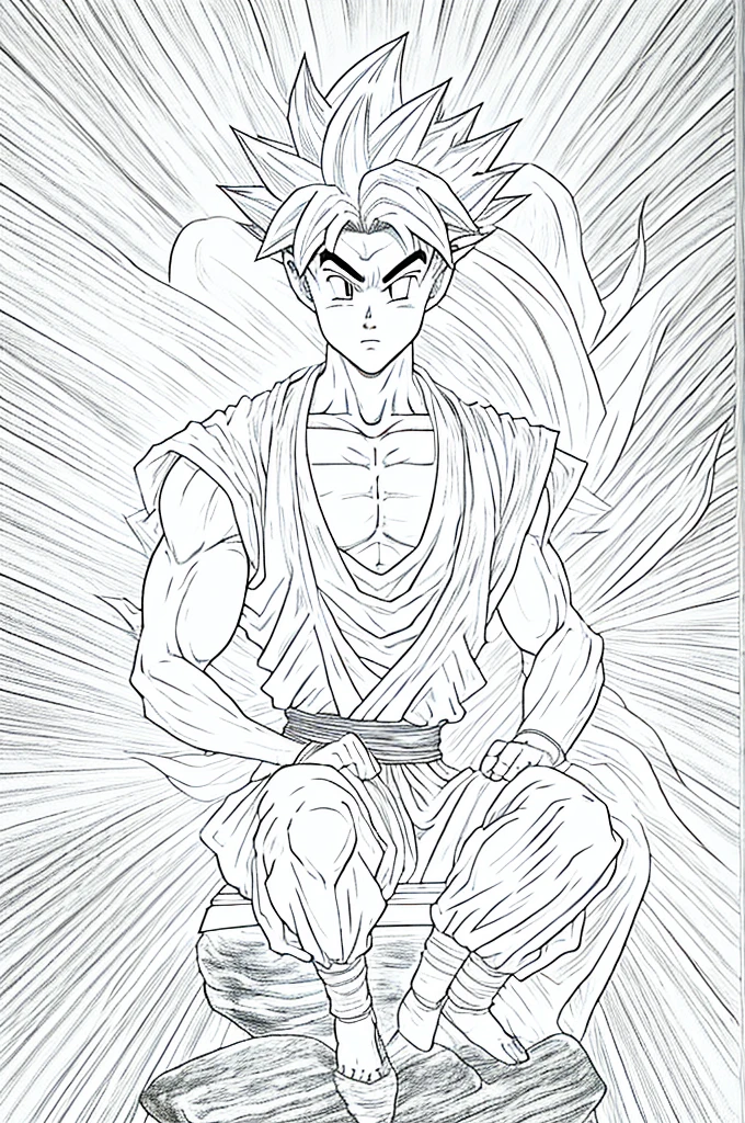 a drawing of a young Gohan sitting on a throne, Son Goku, portrait of Goku, Goku from dragon ball, goku from dragon ball z, highly detailed portrait of Goku, Goku portrait, Goku as an asian man, goku from dragonball z, by Akira Toriyama, Goku, black and white manga style, sitting on a stone throne, human goku