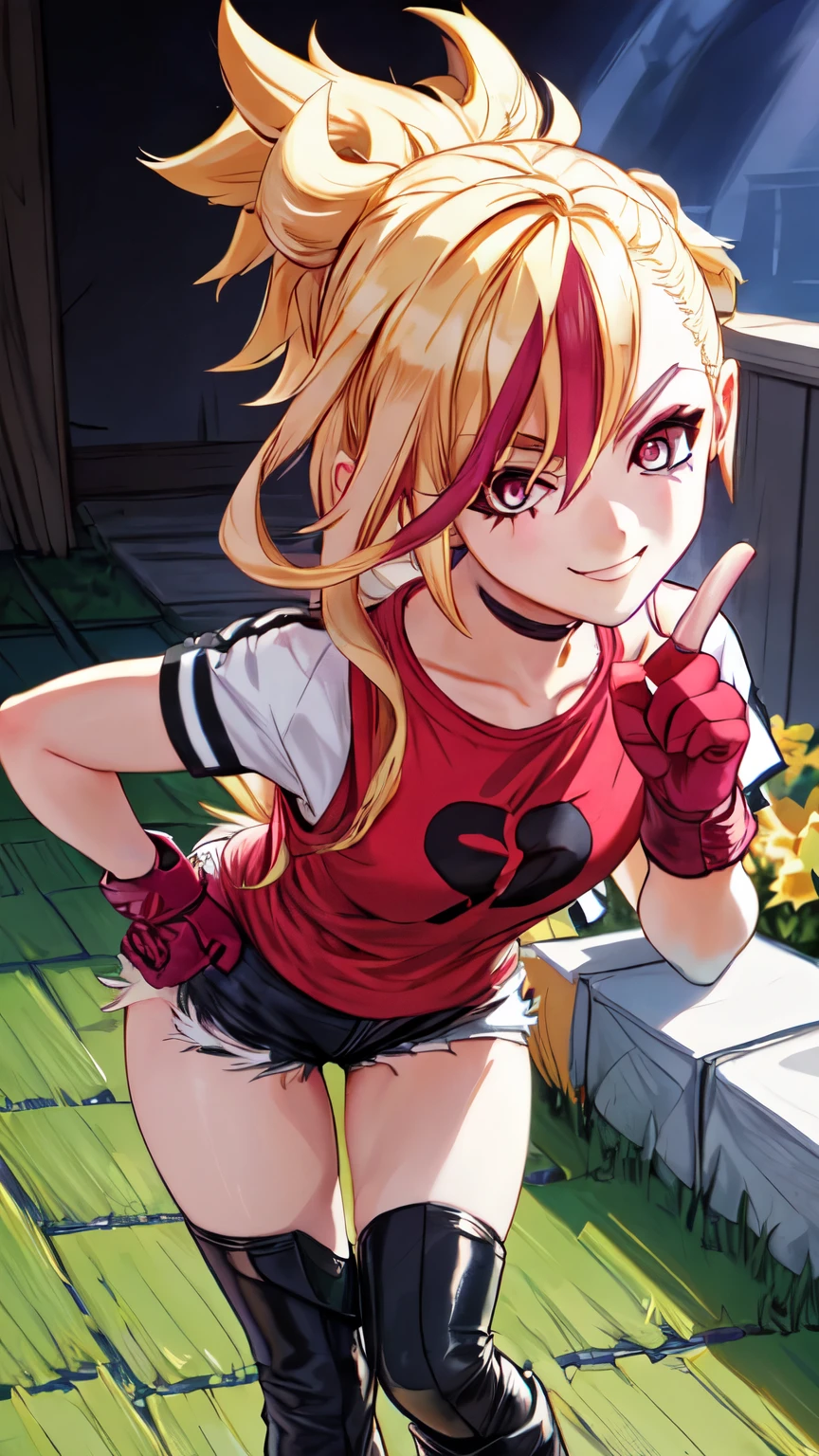 (best quality:1.2),solo,1girl,mdrin,smile,looking at viewer,lovely pose, ponytail,v-shaped eyebrows,red shirt, fingerless gloves,black shorts , garden background, warm color tones,soft lighting, Hair over one eye, ultra long hair, standing on hooftop, long boots, long ponytail, blonde 