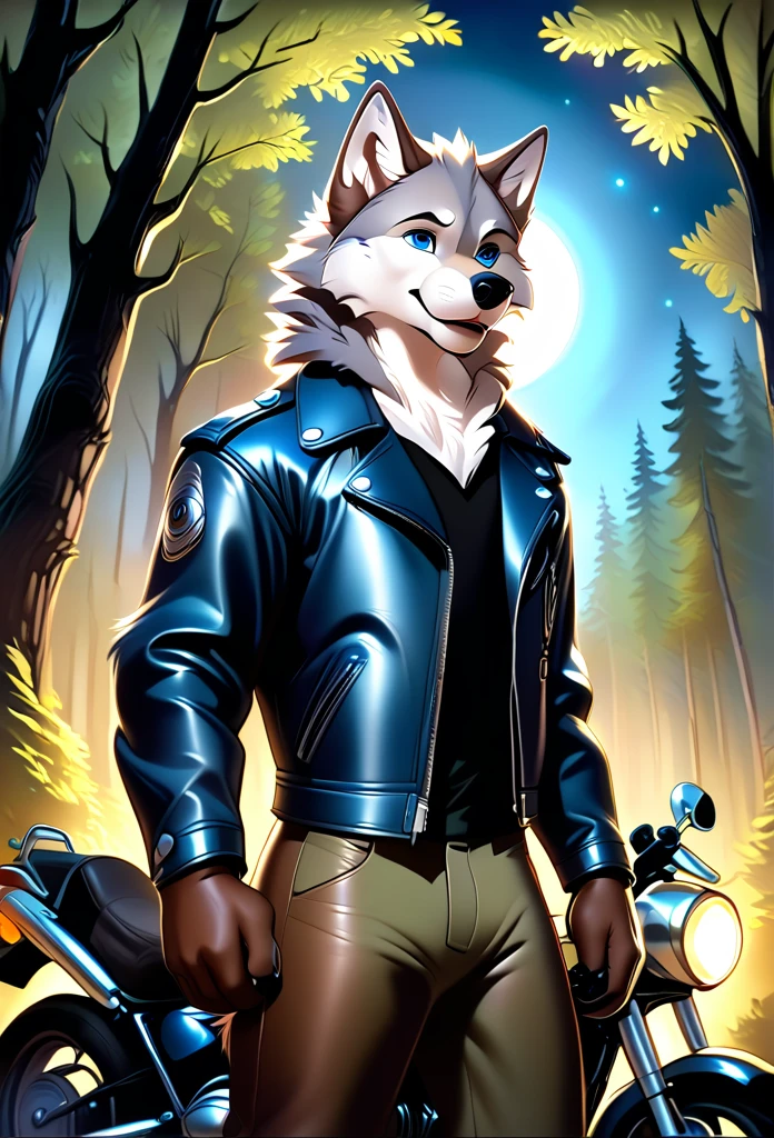 detailed illustration, dynamic angle, ultra-detailed, illustration, 1boy, leather jacked, wolf, silver wolfkin, blue eyes, standing in woods, disney style, happy, cartoon, leaning on a motorcycle, night