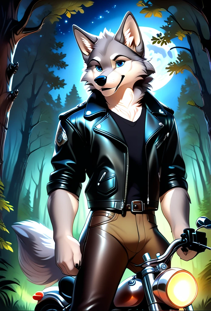 detailed illustration, dynamic angle, ultra-detailed, illustration, 1boy, leather jacked, wolf, silver wolfkin, blue eyes, standing in woods, disney style, happy, cartoon, leaning on a motorcycle, night