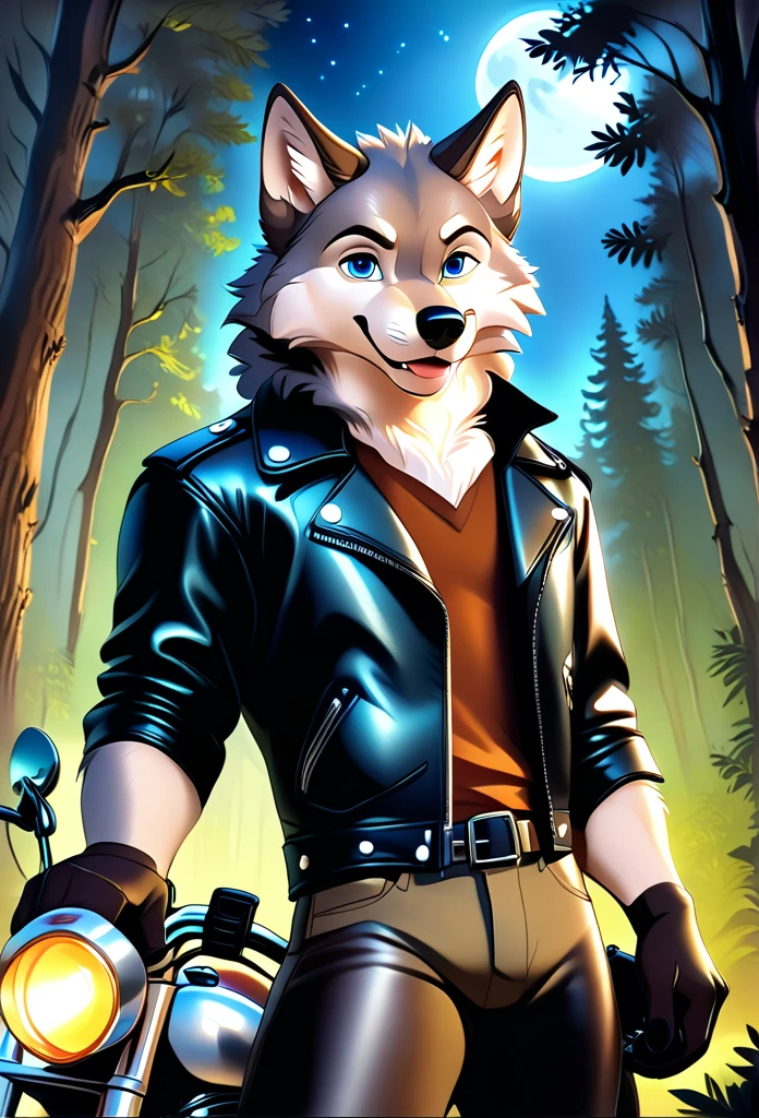 detailed illustration, dynamic angle, ultra-detailed, illustration, 1boy, leather jacked, wolf, silver wolfkin, blue eyes, standing in woods, disney style, happy, cartoon, leaning on a motorcycle, night