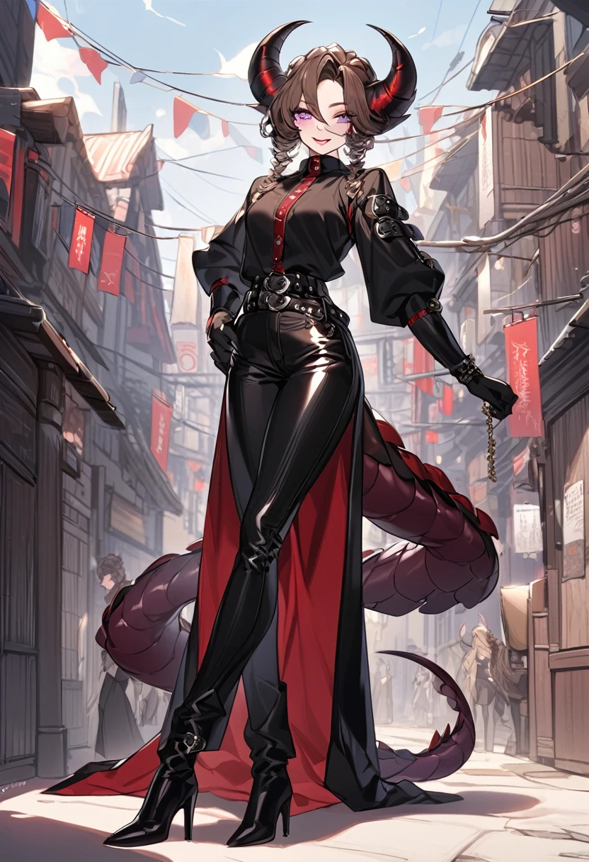 Tall woman, cheeky smile, brunette, hair gathered in a low bun, strands on the sides of face, red and black clothes, purple eyes, dragon tail and horns, belts, pants, light lipstick, high heels leather boots