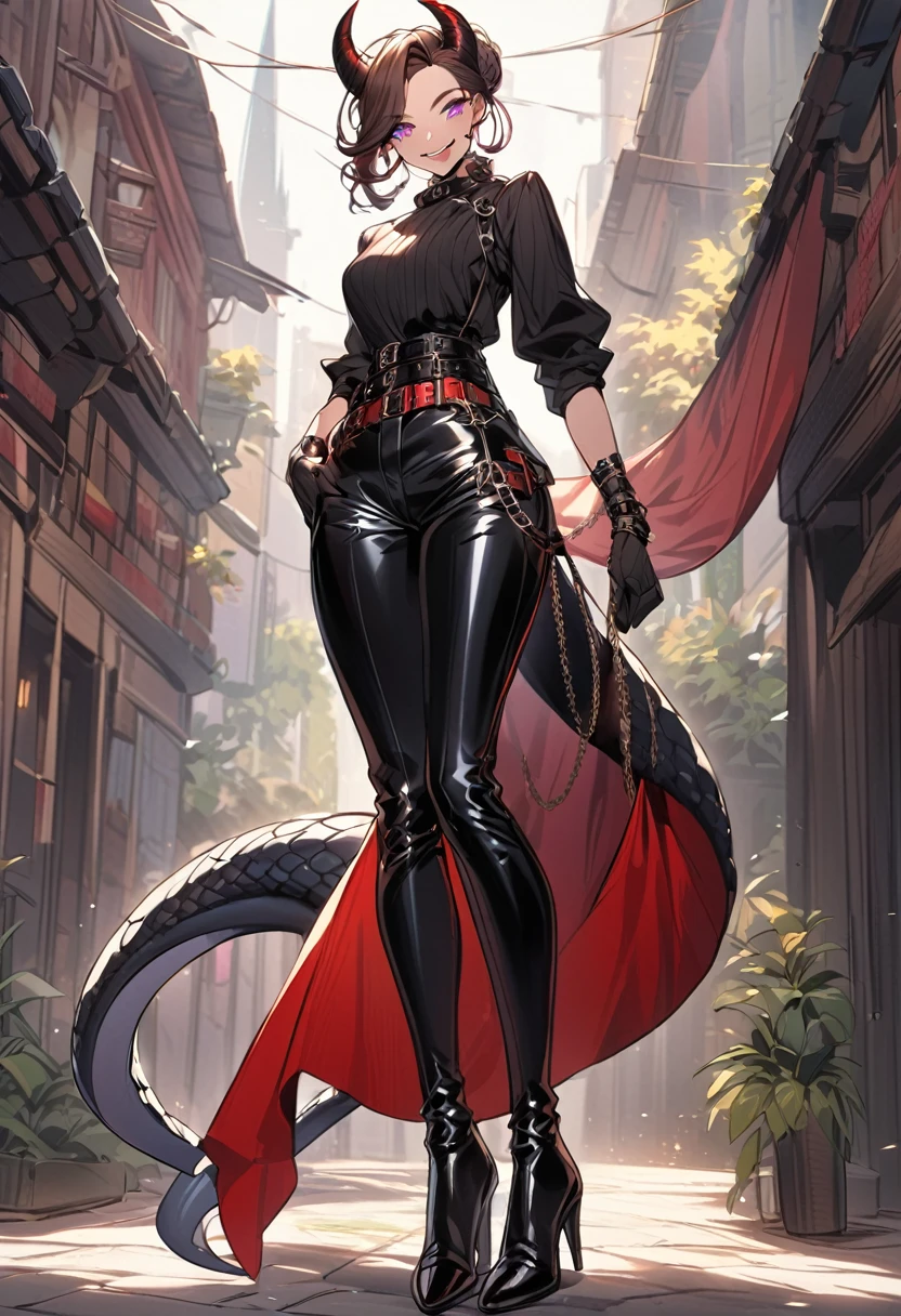 Tall woman, cheeky smile, brunette, hair gathered in a low bun, strands on the sides of face, red and black clothes, purple eyes, dragon tail and horns, belts, pants, light lipstick, high heels leather boots