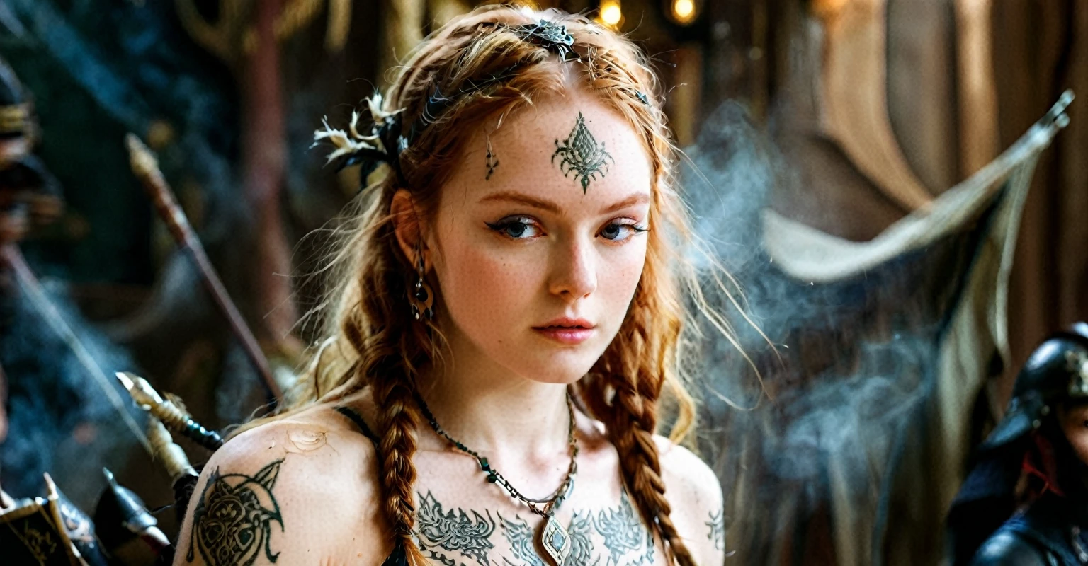 (best quality,highres,ultra-detailed), close-up, 19 year old long haired ginger woman, hair is tightly braided and kept under a ceremonial warriors helmet, tattooed, detailed facial tattoos, shirtless, muscular, fully tattooed body, magical ritual, magical symbols, black magic, model is dusty, dark ambiance, intense lighting, mysterious atmosphere, low key image, model is almost angry, model looks to be drawing power and wants to hurt someone, tribal, powerful, supernatural, mystical, enchanted, griffin symbols, spiritual connection, ritualistic movements, mesmerizing, captivating, intense gaze, confident expression, dominant presence, dark color palette, contrast, dramatic shadows, intricate details, surreal, otherworldly, ethereal, magical energy, intense emotions, powerful aura, mystical transformation, evocative, haunting, immersive composition, arri alexa 65 anamorphic 2.4-1,