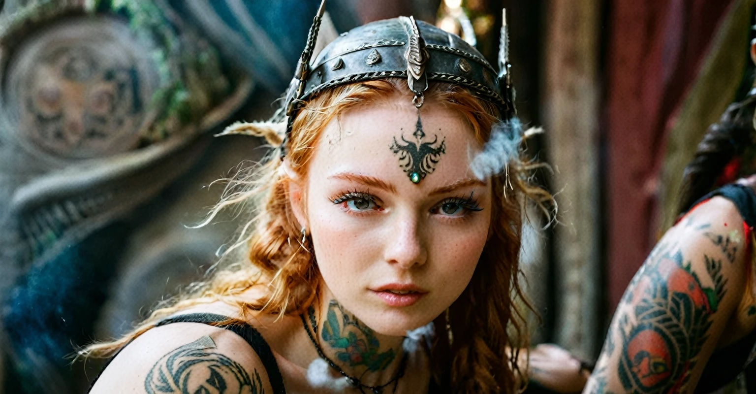 (best quality,highres,ultra-detailed), close-up, 19 year old long haired ginger woman, hair is tightly braided and kept under a ceremonial warriors helmet, tattooed, detailed facial tattoos, shirtless, muscular, fully tattooed body, magical ritual, magical symbols, black magic, model is dusty, dark ambiance, intense lighting, mysterious atmosphere, low key image, model is almost angry, model looks to be drawing power and wants to hurt someone, tribal, powerful, supernatural, mystical, enchanted, griffin symbols, spiritual connection, ritualistic movements, mesmerizing, captivating, intense gaze, confident expression, dominant presence, dark color palette, contrast, dramatic shadows, intricate details, surreal, otherworldly, ethereal, magical energy, intense emotions, powerful aura, mystical transformation, evocative, haunting, immersive composition, arri alexa 65 anamorphic 2.4-1,