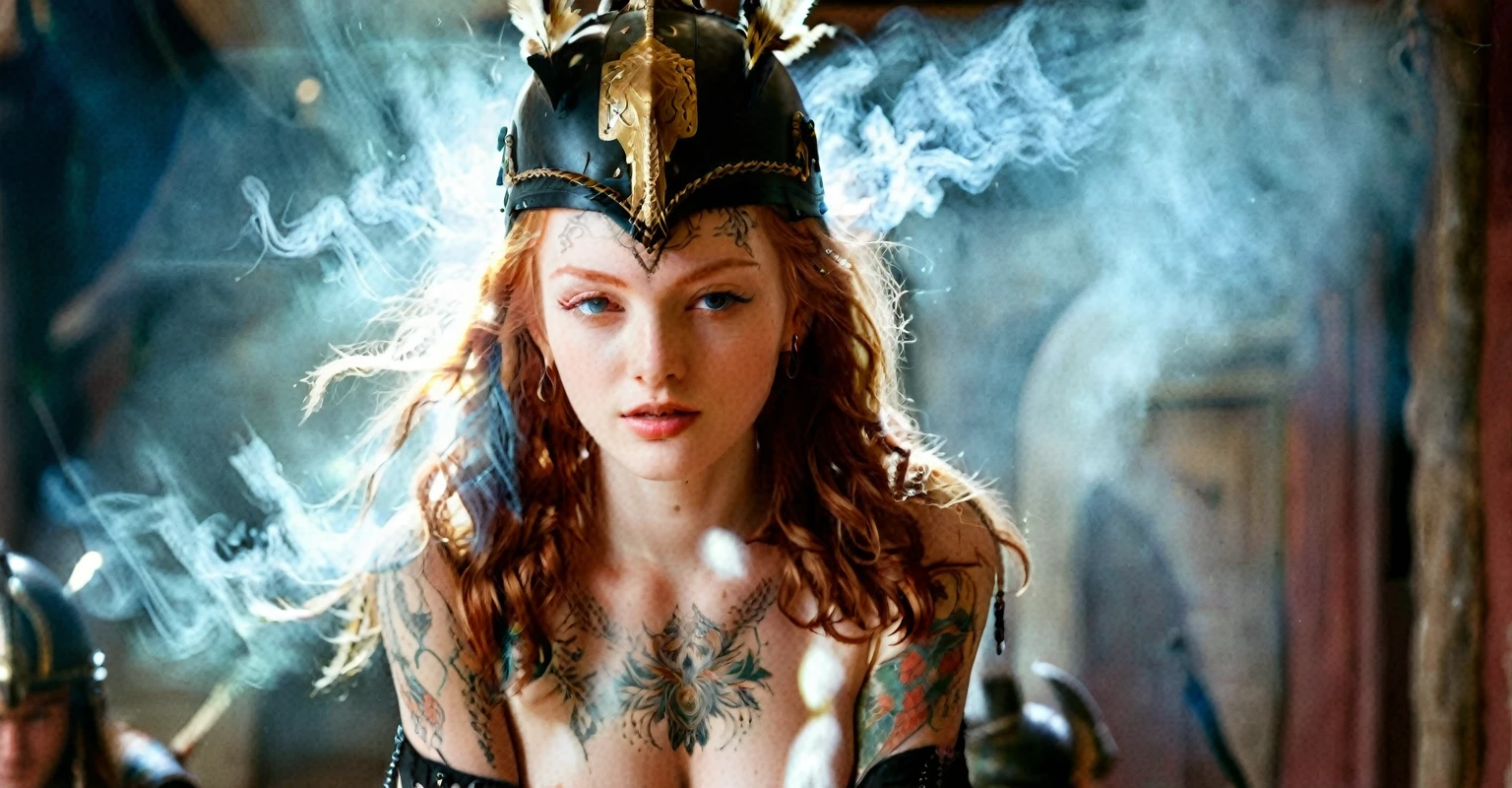 (best quality,highres,ultra-detailed), close-up, 19 year old long haired ginger woman, hair is tightly braided and kept under a ceremonial warriors helmet, tattooed, detailed facial tattoos, shirtless, muscular, fully tattooed body, magical ritual, magical symbols, black magic, model is dusty, dark ambiance, intense lighting, mysterious atmosphere, low key image, model is almost angry, model looks to be drawing power and wants to hurt someone, tribal, powerful, supernatural, mystical, enchanted, griffin symbols, spiritual connection, ritualistic movements, mesmerizing, captivating, intense gaze, confident expression, dominant presence, dark color palette, contrast, dramatic shadows, intricate details, surreal, otherworldly, ethereal, magical energy, intense emotions, powerful aura, mystical transformation, evocative, haunting, immersive composition, arri alexa 65 anamorphic 2.4-1, 