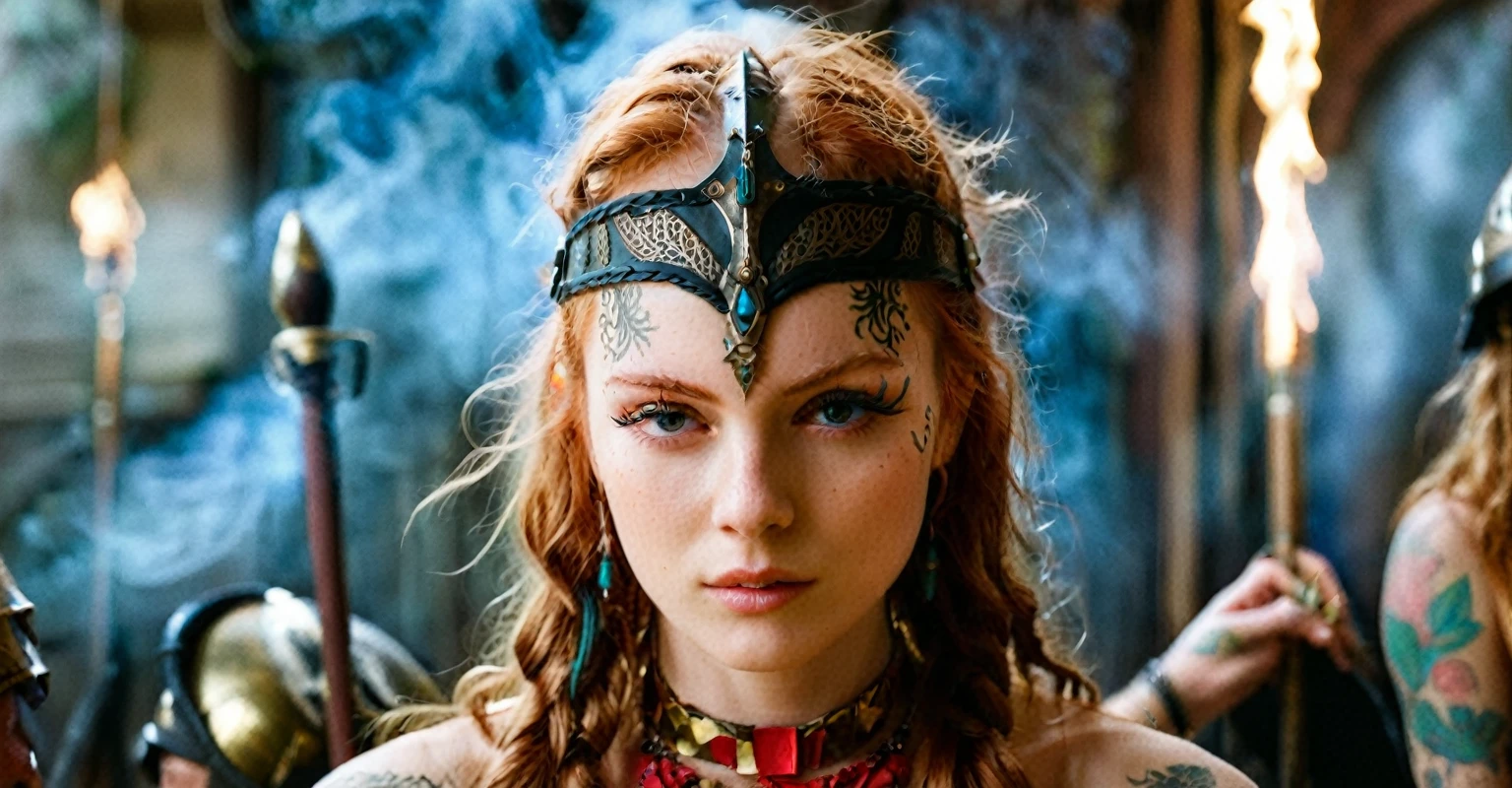 (best quality,highres,ultra-detailed), close-up, 19 year old long haired ginger woman, hair is tightly braided and kept under a ceremonial warriors helmet, tattooed, detailed facial tattoos, shirtless, muscular, fully tattooed body, magical ritual, magical symbols, black magic, model is dusty, dark ambiance, intense lighting, mysterious atmosphere, low key image, model is almost angry, model looks to be drawing power and wants to hurt someone, tribal, powerful, supernatural, mystical, enchanted, griffin symbols, spiritual connection, ritualistic movements, mesmerizing, captivating, intense gaze, confident expression, dominant presence, dark color palette, contrast, dramatic shadows, intricate details, surreal, otherworldly, ethereal, magical energy, intense emotions, powerful aura, mystical transformation, evocative, haunting, immersive composition, arri alexa 65 anamorphic 2.4-1, 
