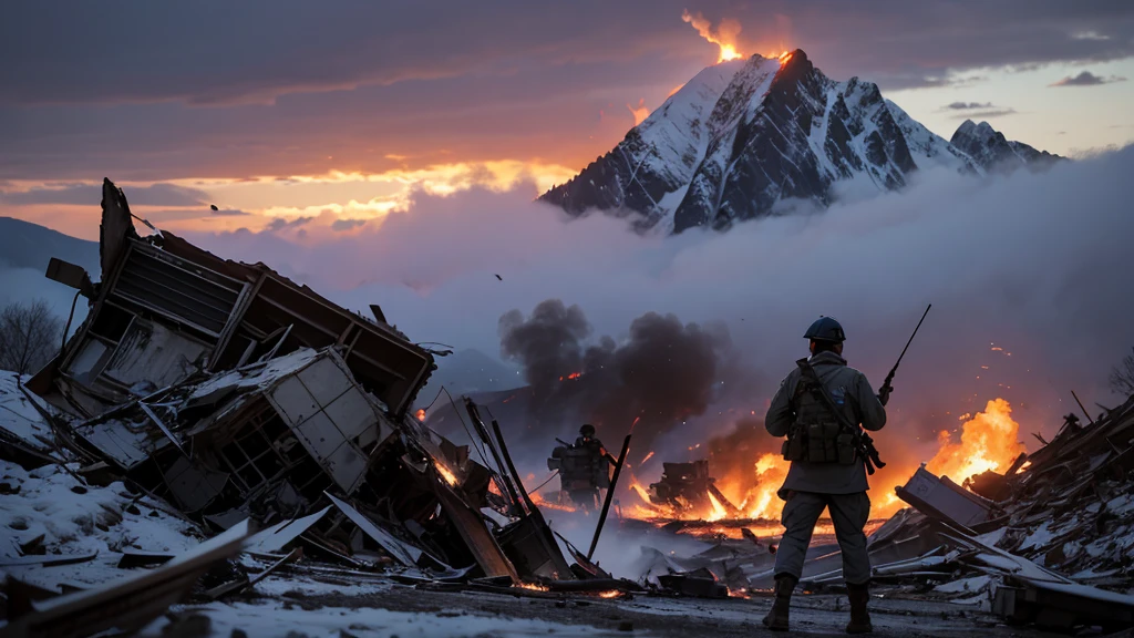 battlefield,blast,Building wreckage,war,fire,shoot,soldier,shootกัน,high mountain