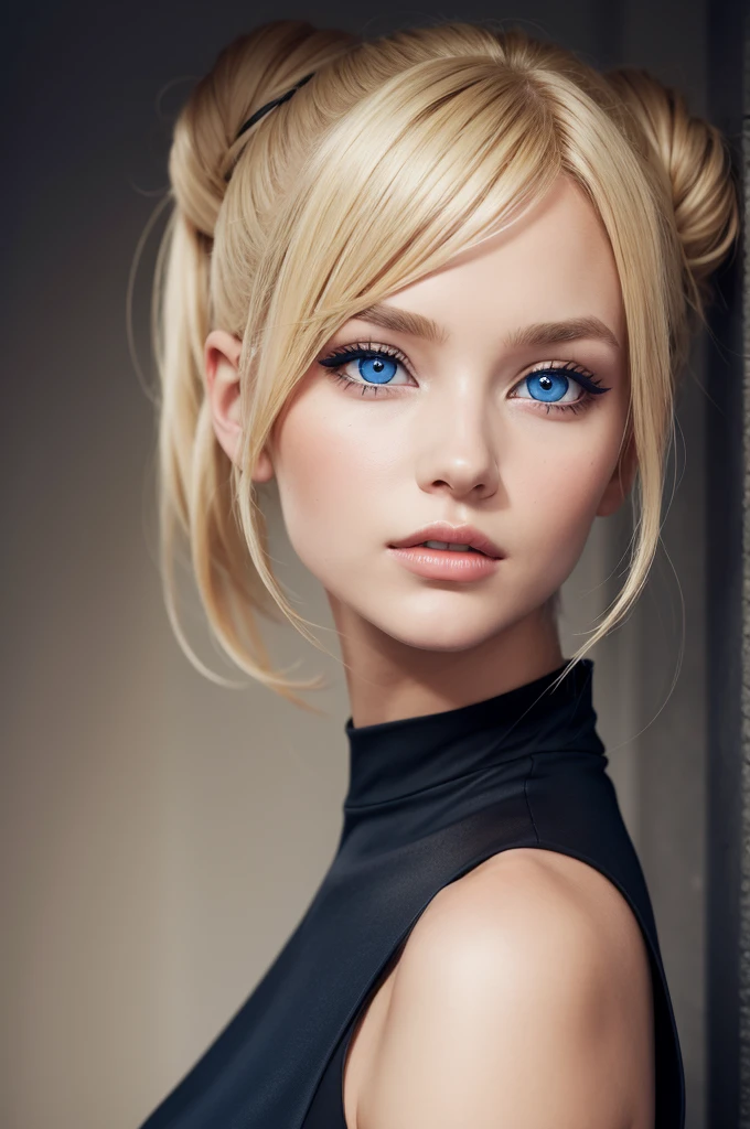 Blonde woman with bun, blue eyes and black dress