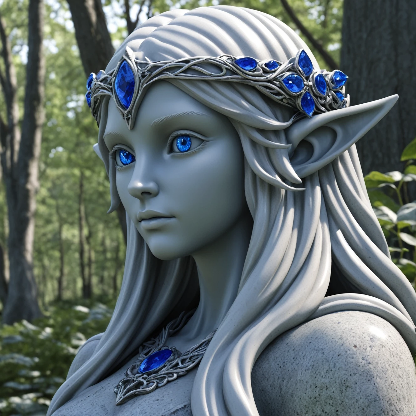 A granite stutue of a beautiful elven maiden. with eyes of saphire.