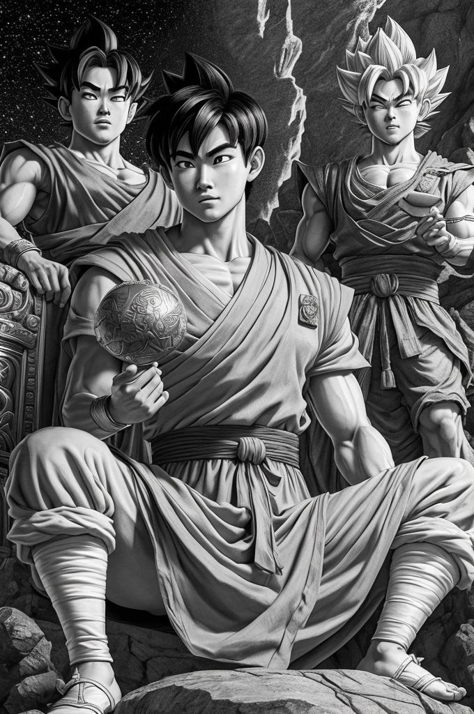 a drawing of a young Gohan sitting on a throne, Son Goku, portrait of Goku, Goku from dragon ball, goku from dragon ball z, highly detailed portrait of Goku, Goku portrait, Goku as an asian man, goku from dragonball z, by Akira Toriyama, Goku, black and white manga style, sitting on a stone throne, human goku