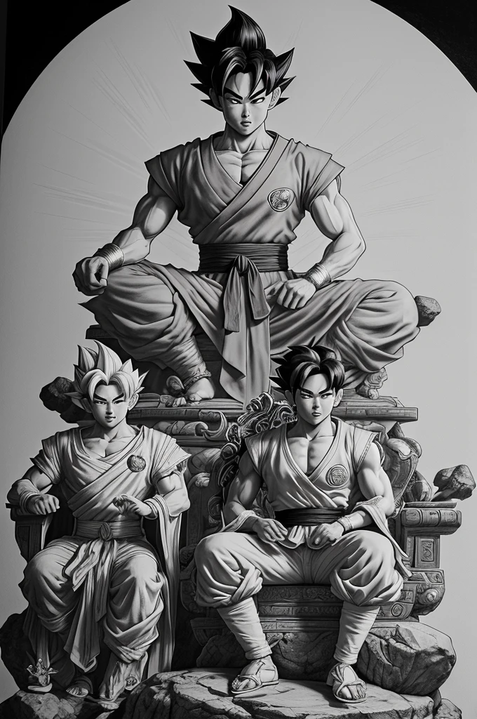 a drawing of a young Gohan sitting on a throne, Son Goku, portrait of Goku, Goku from dragon ball, goku from dragon ball z, highly detailed portrait of Goku, Goku portrait, Goku as an asian man, goku from dragonball z, by Akira Toriyama, Goku, black and white manga style, sitting on a stone throne, human goku