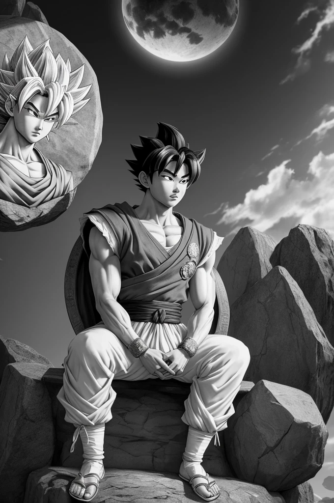 a drawing of a young Gohan sitting on a throne, Son Goku, portrait of Goku, Goku from dragon ball, goku from dragon ball z, highly detailed portrait of Goku, Goku portrait, Goku as an asian man, goku from dragonball z, by Akira Toriyama, Goku, black and white manga style, sitting on a stone throne, human goku