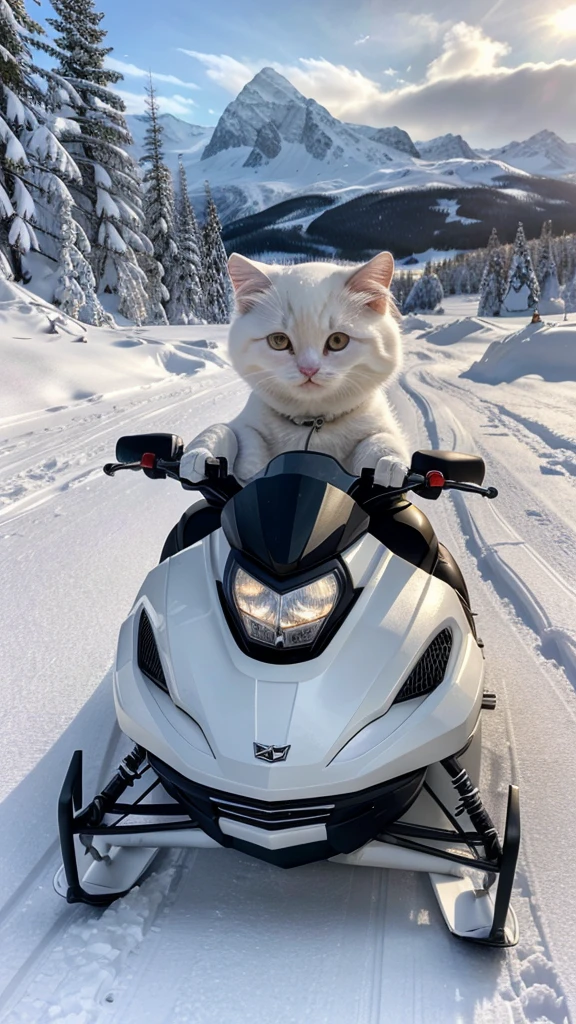 A cute chubby white kitten excitedly driving a snowmobile through a snowy mountain landscape, realistic details, wide shot, (best quality,4k,8k,highres,masterpiece:1.2),ultra-detailed,(realistic,photorealistic,photo-realistic:1.37),HDR,UHD,studio lighting,extreme detail description,vivid colors,dynamic pose,winter,snow,mountainous,scenic,adventure
