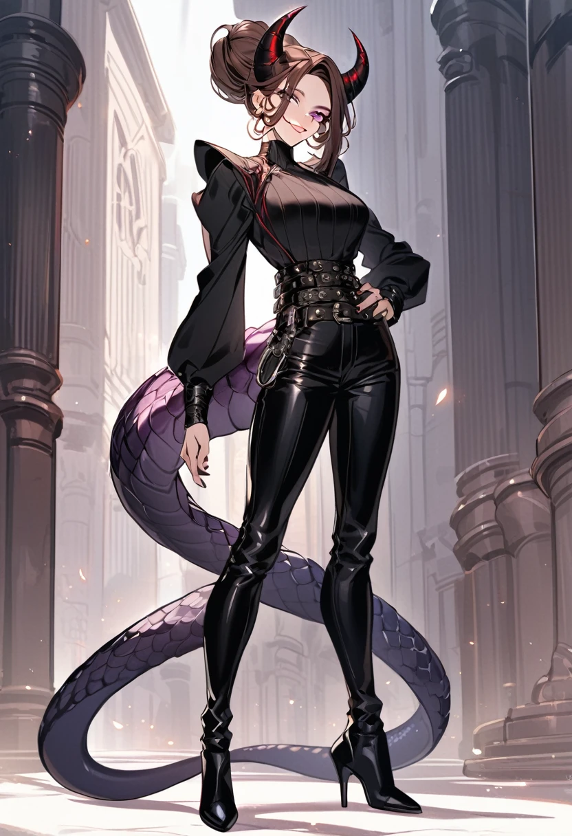Tall woman, cheeky smile, brunette, hair gathered in a low bun, strands on the sides of face, red and black clothes, purple eyes, dragon tail and horns, belts, pants, light lipstick, high heels leather boots