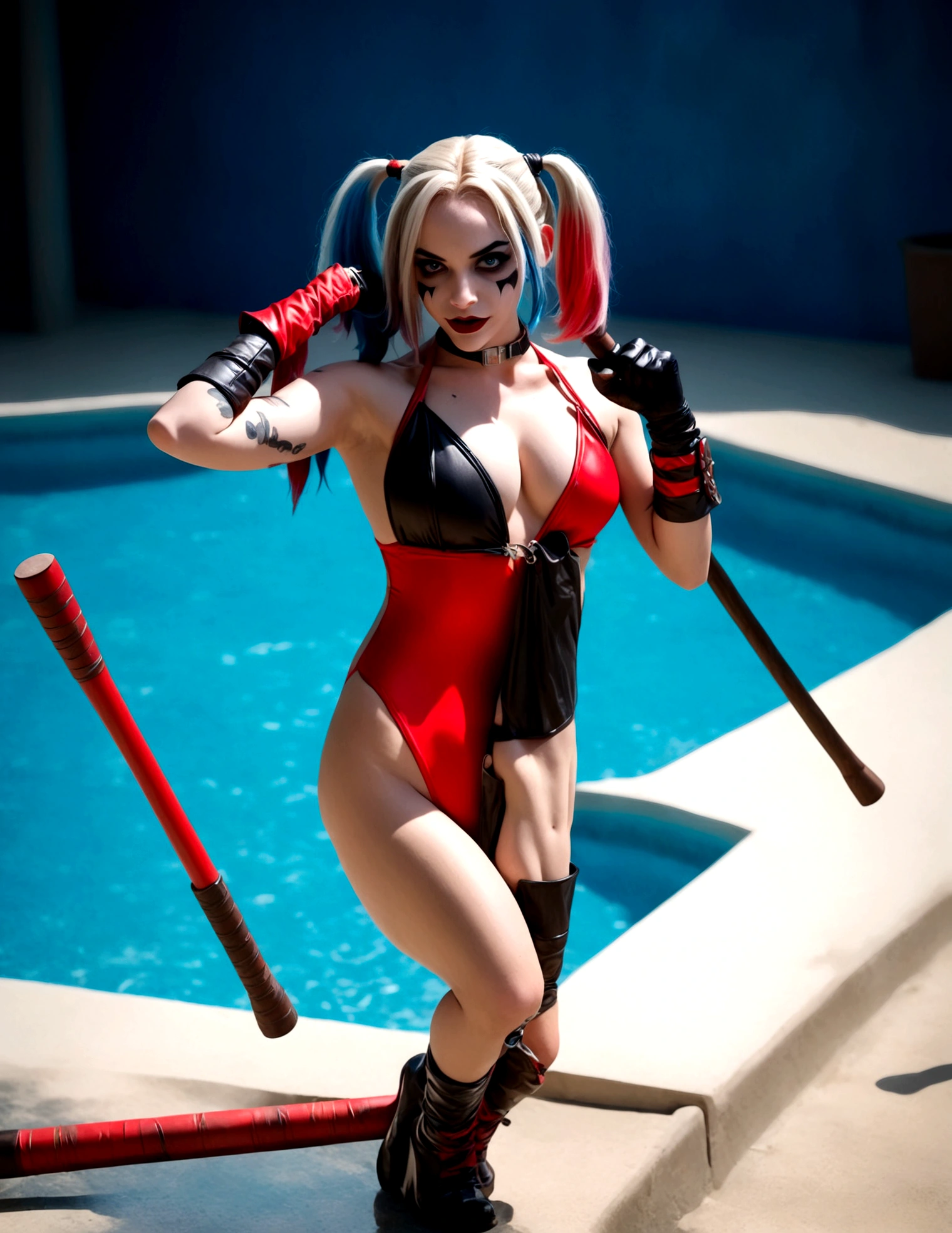 A cute woman in a Harley Quinn cosplay, wearing a sexy red and black swimsuit, striking various provocative poses by the poolside, large fake weapons like baseball bats and mallets scattered around, vibrant colors, highly detailed, photorealistic, 8K, studio lighting, dynamic composition