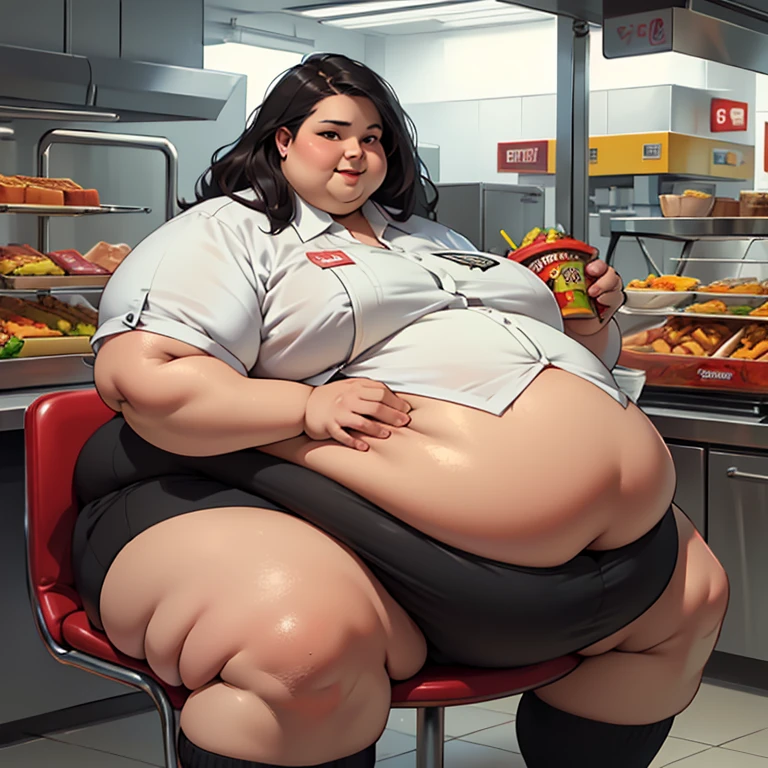 (Masterpiece, detailed, realistic:1.2), young black woman, (morbidly obese, fatblob, immobile:1.2), (detailed, beautiful face), fast food worker, pleased, satisfied