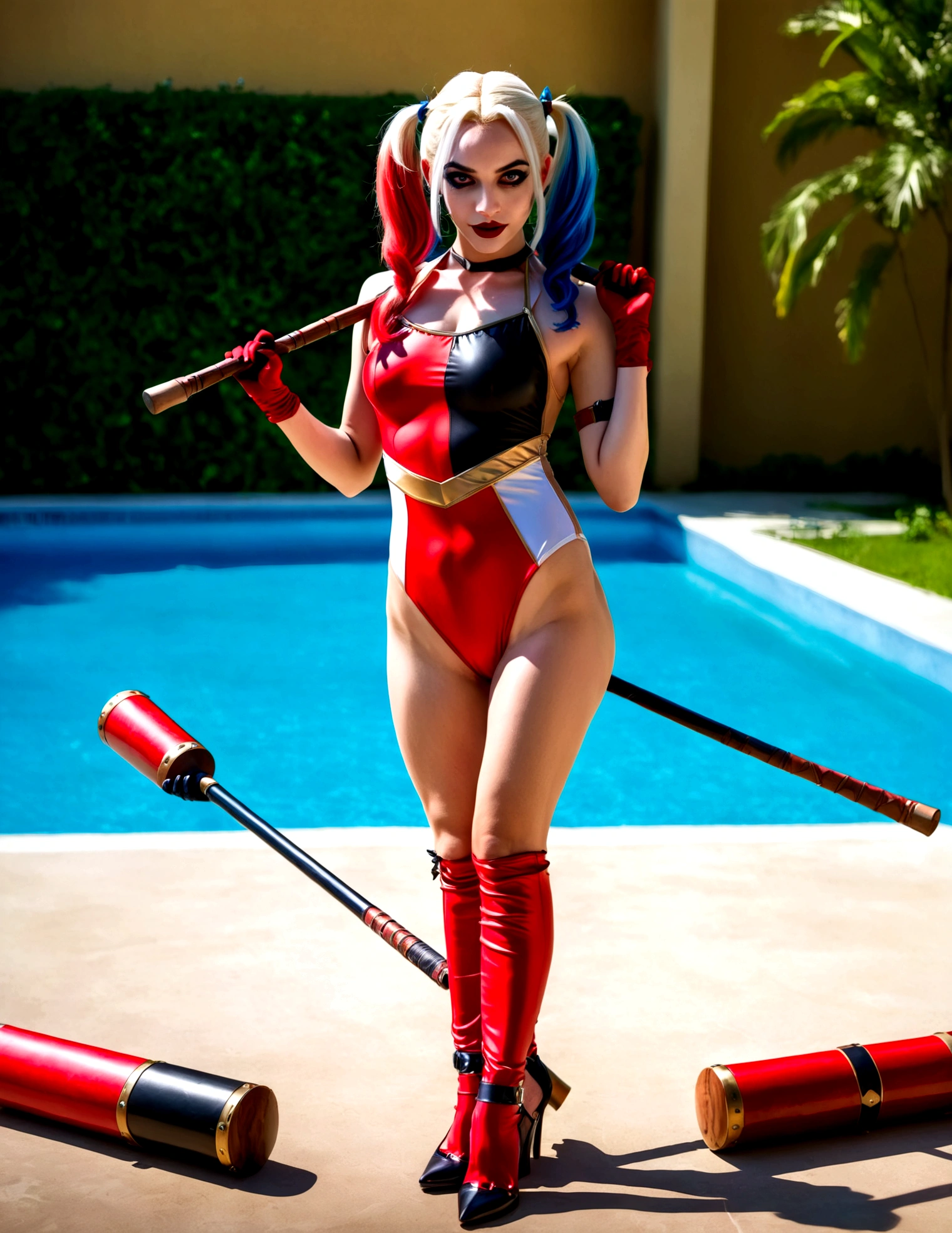 A cute woman in a Harley Quinn cosplay, wearing a sexy red and black swimsuit, striking various provocative poses by the poolside, large fake weapons like baseball bats and mallets scattered around, vibrant colors, highly detailed, photorealistic, 8K, studio lighting, dynamic composition