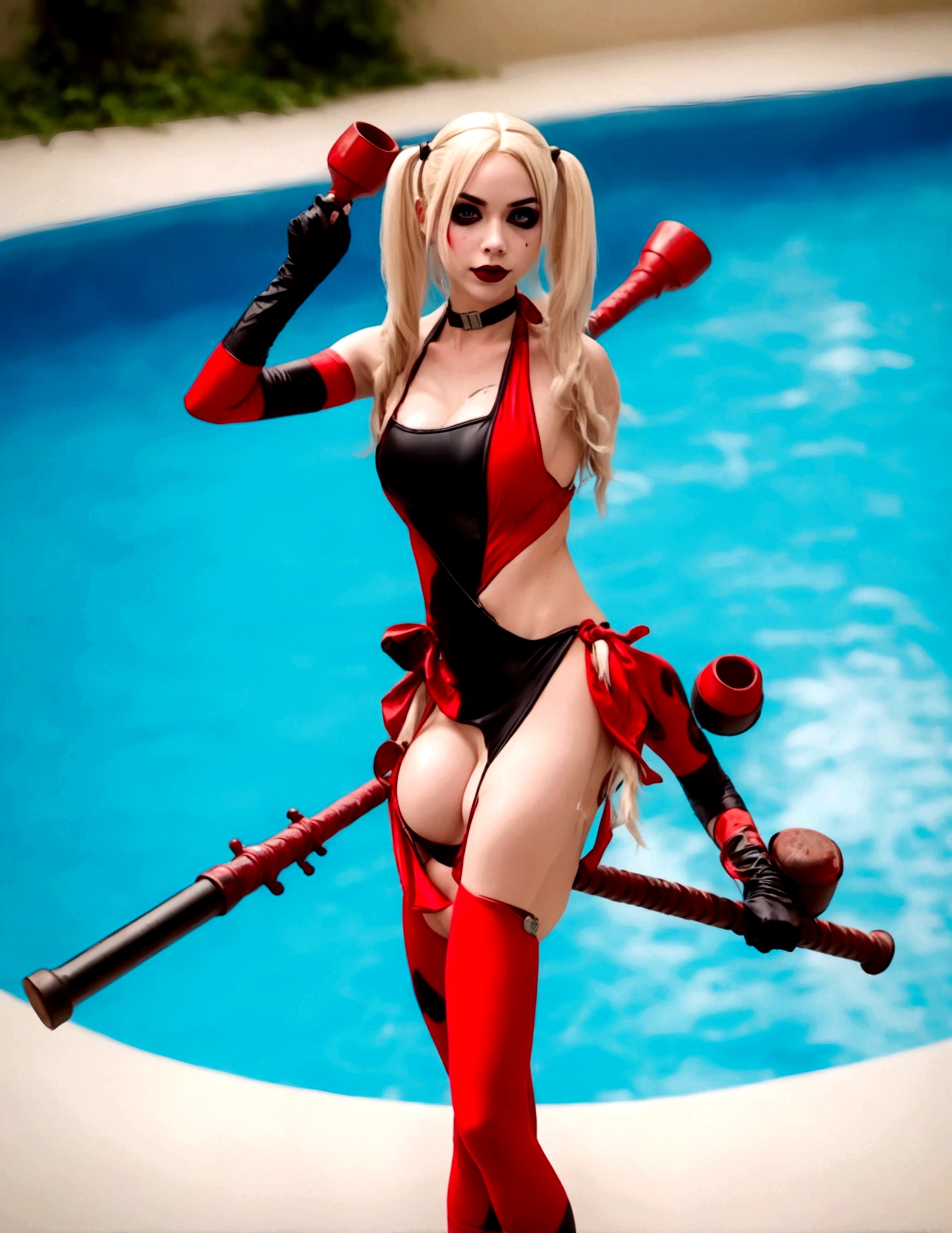 A cute woman in a Harley Quinn cosplay, wearing a sexy red and black swimsuit, striking various provocative poses by the poolside, large fake weapons like baseball bats and mallets scattered around, vibrant colors, highly detailed, photorealistic, 8K, studio lighting, dynamic composition
