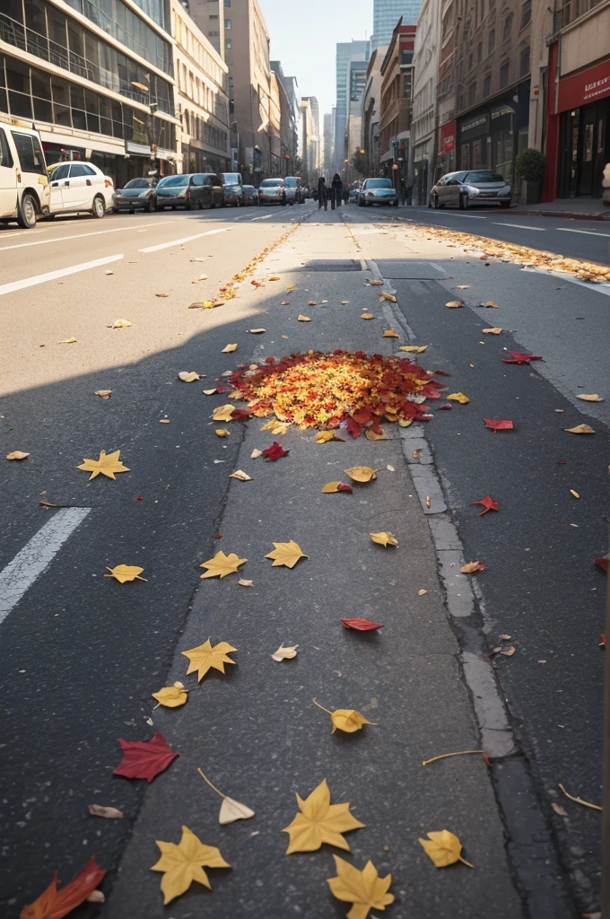 The Last Sacrifice of the October Flower ( autumn leaves falling in front of a flower in the middle of the city, put some bloodstains on the ground